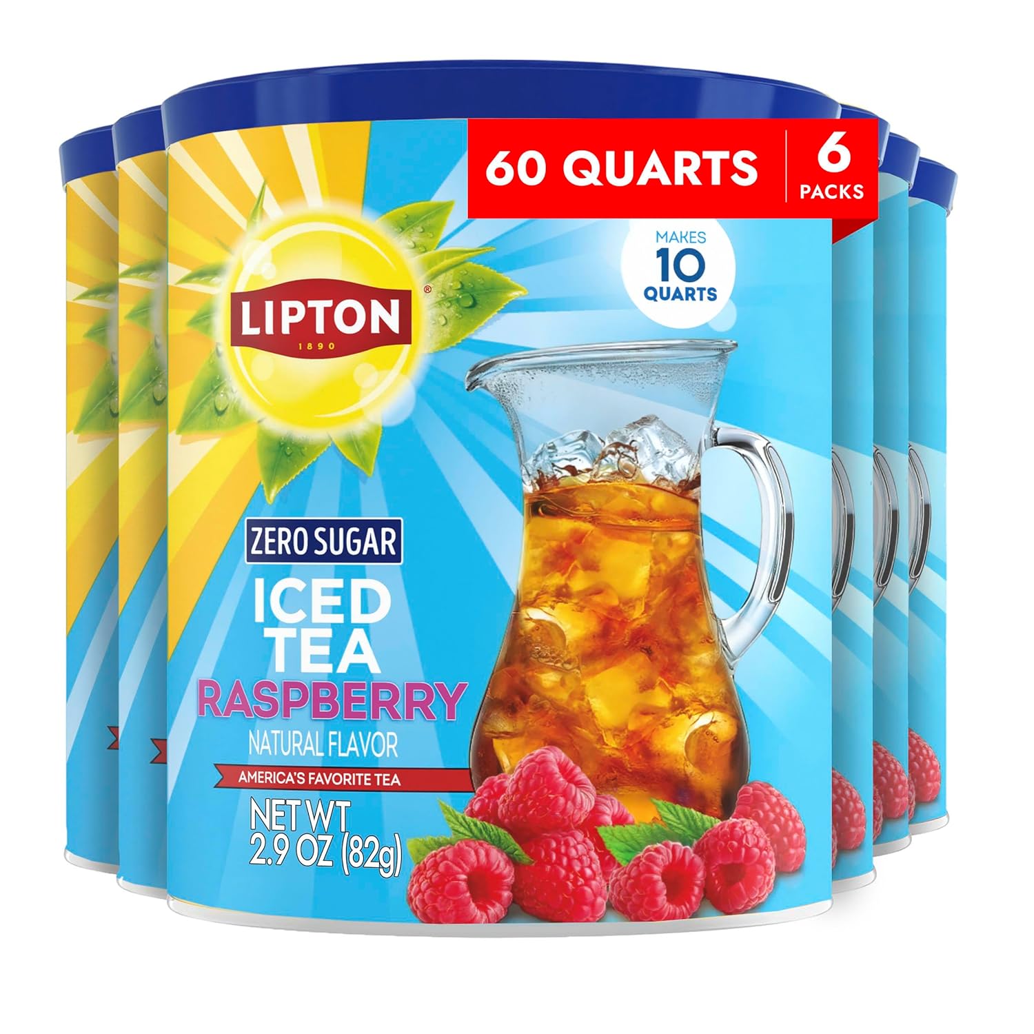 Lipton Zero Sugar Iced Tea Mix, Raspberry Flavor Black Iced Tea, Makes 10 Quarts (Pack of 6)