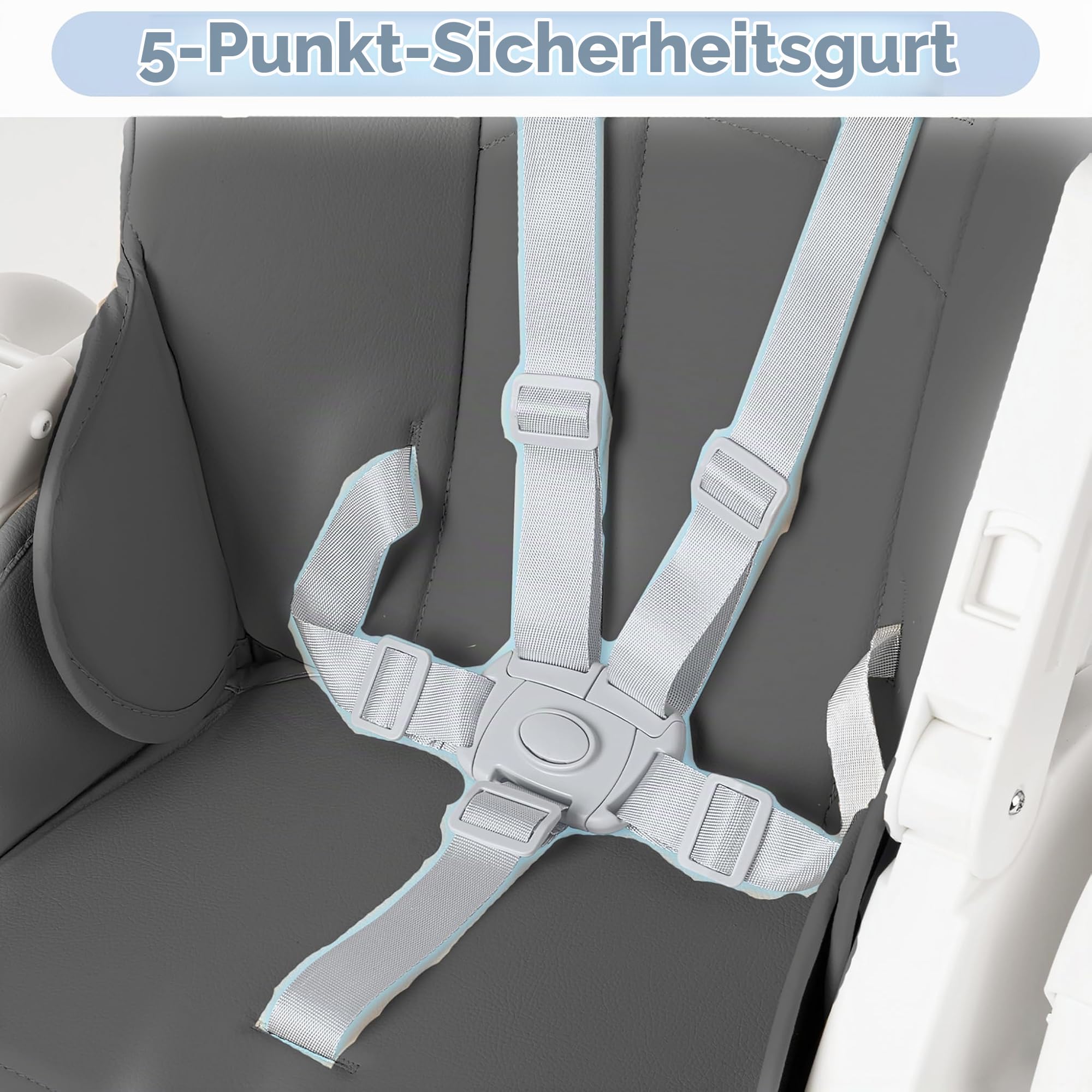 UISEBRT Kinderhochstuhl Klappbar, Höhenverstellbarer Baby Essstuhl mit Liegefunktion, Verstellbarem Doppeltablett und 5-Punkt-Gurt, Tragbarer Hochstuhl für Zuhause und Unterwegs, Grau