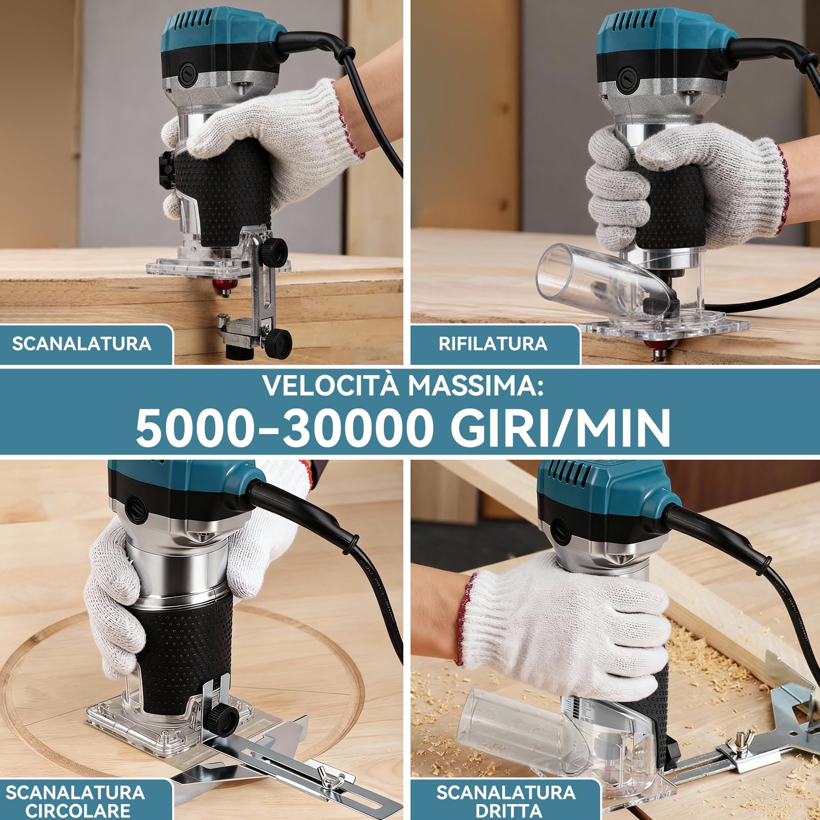 Rifilatore Fresatrice Verticale per Legno Elettrica 800W 6 Velocità Variabili 5000-30000 RPM Mandrino 6,35 mm 8 mm