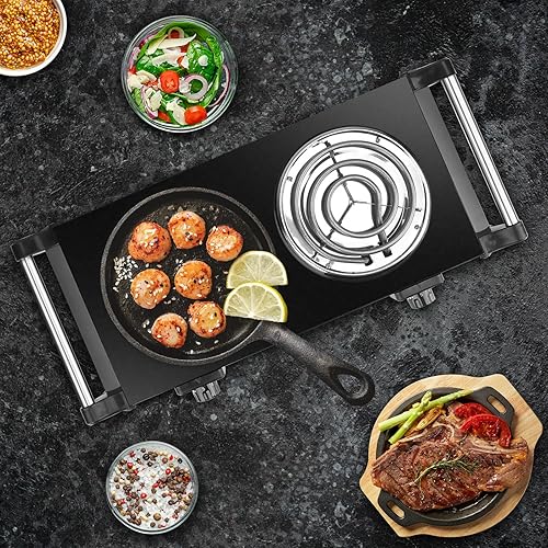 Miniatura 8 de Placa caliente de 2000 W, estufa eléctrica portátil para encimera, quemadores de bobina doble con control de temperatura de 5 niveles y asas que se