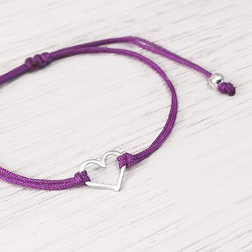 Miniatura 2 de Pulsera de la amistad púrpura para mujer, pequeña plata de ley 925 hecha a mano con forma de corazón abierto, tira de hilo ajustable de cuerda de