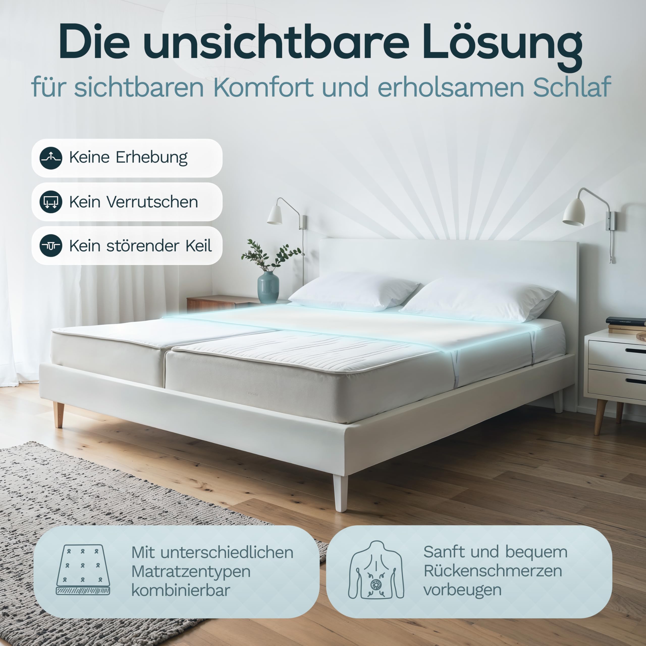Liebesbrücke für Matratzen [Gegen Verrutschen] Innovative Matratzenbrücke & Matratzenkeil Alternative | Matratzenverbinder für Paare und Familien | Ritzenfüller in < 5 Min befestigt