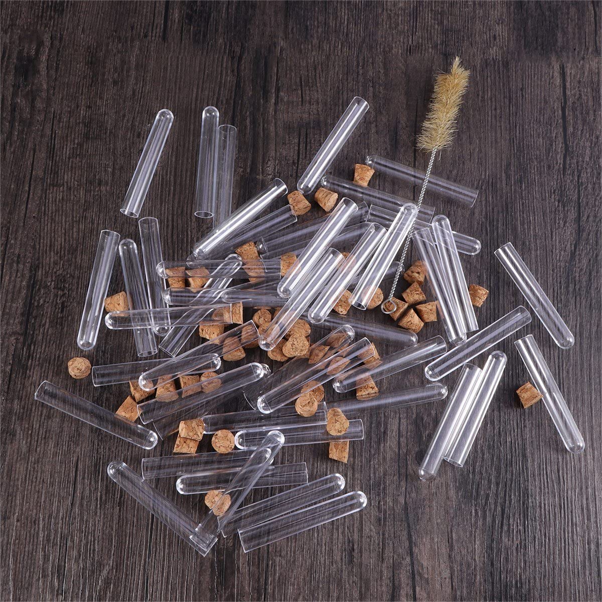 1. 2x7. Plastikowe przezroczyste probówki testowe o średnicy 5 cm z korkami i pędzelkiem do eksperymentów naukowych Przechowywanie proszku w płynie (100 szt.)