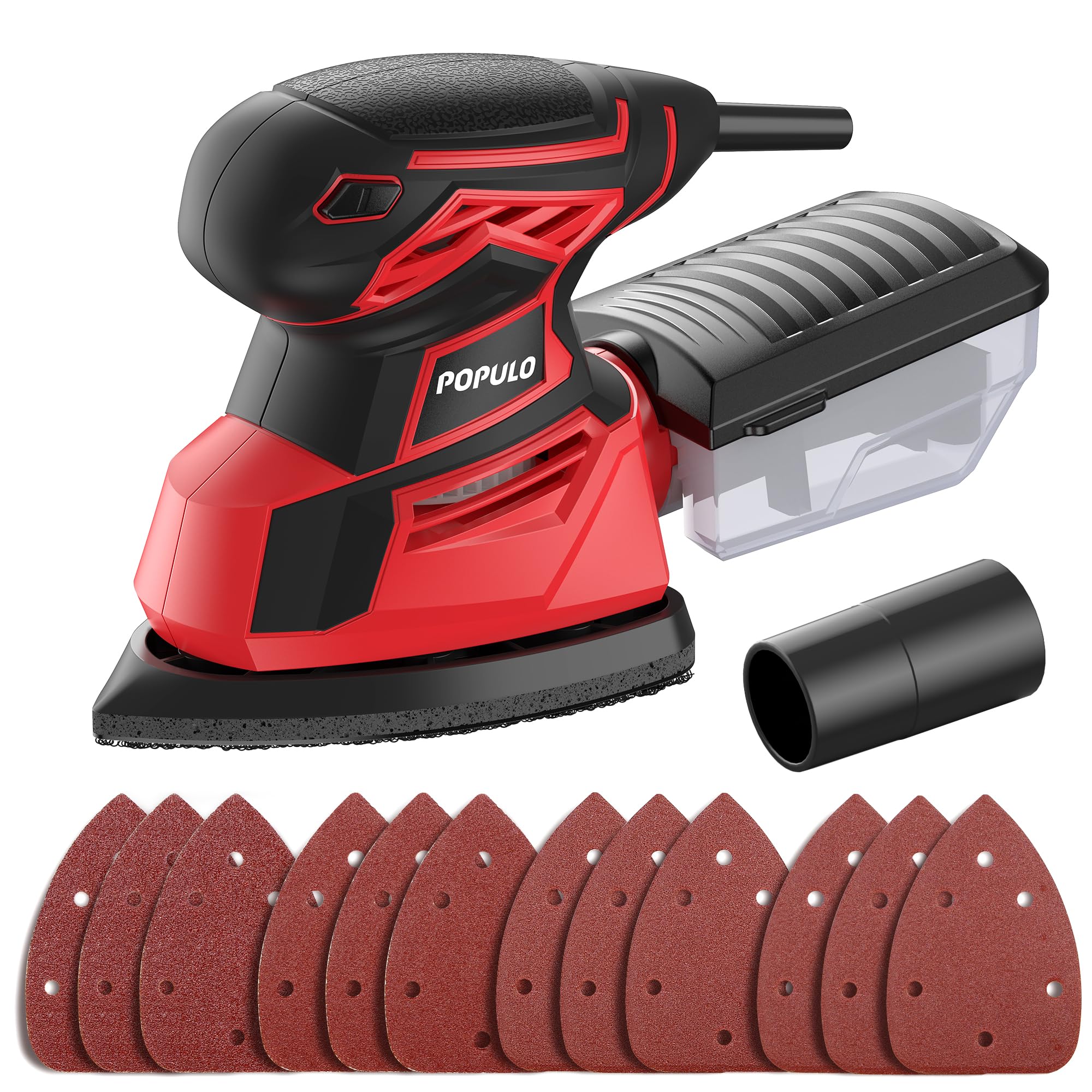 POPULO Ponceuse Vibrante 130W 14000 RPM Ponceuse de Détail Professionnel avec Cordon d'alimentation 1.83m, Système de Collection de Poussière,12PCS Feuilles Abrasives pour Le Ponçage,Le Polissage