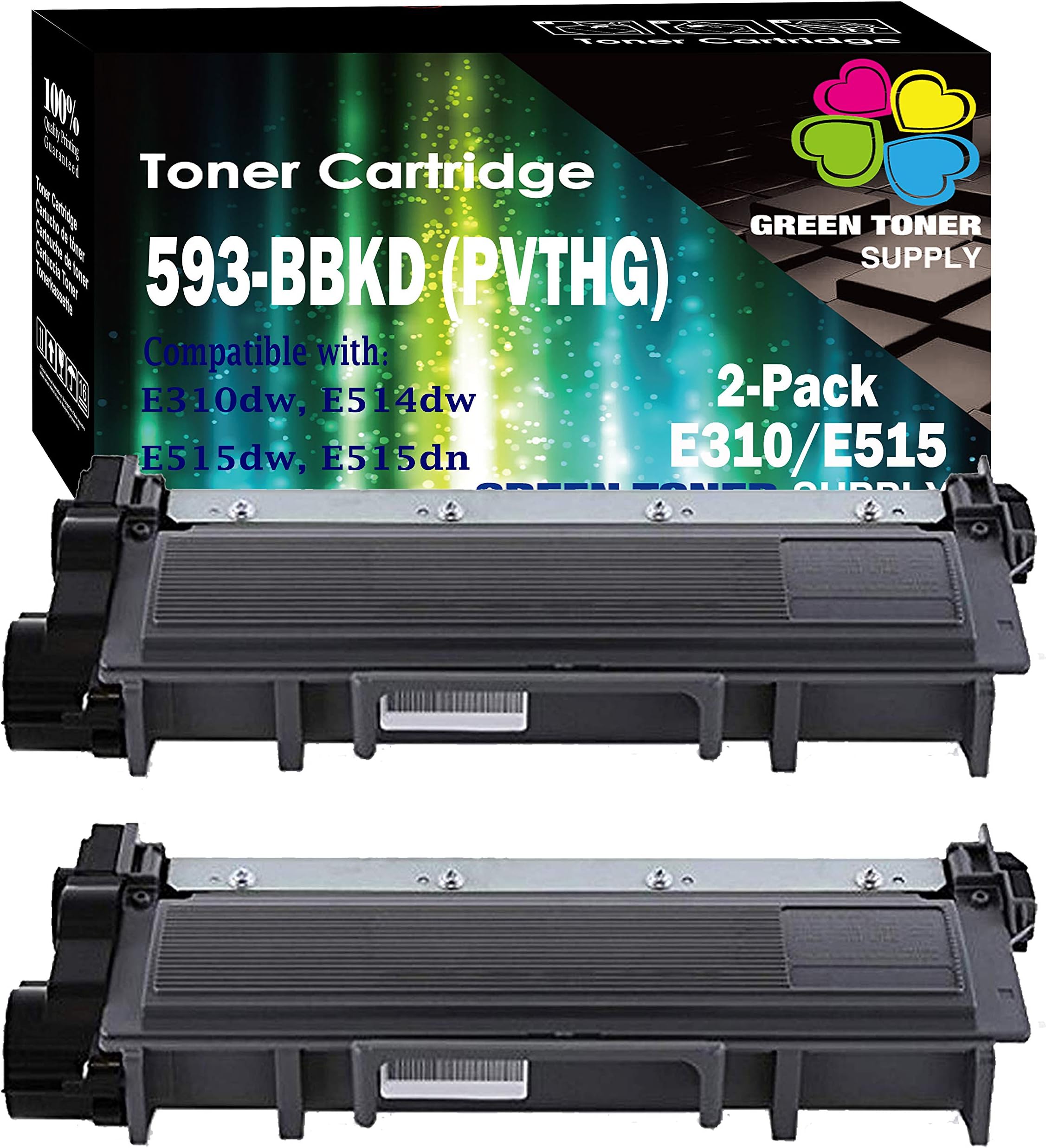 Green Toner Supply (TM) Compatible Dell PVTHG, 593-BBKD, [High Yield 2600 Pages] E310dw, E514dw, E515dw, E515dn Black LaserJet Toner Cartridge (Set of 2)