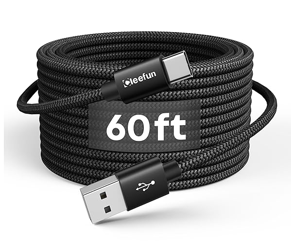 CLEEFUN Extra Long USB-C Charging Cable 60ft, USB to USBC - 60 Foot Type C Power Cord (Only Charge) for iPhone 16 15 Series, Samsung Galaxy Series and Other USB-C Devices - Nylon Braided - 60ft - Black - 1