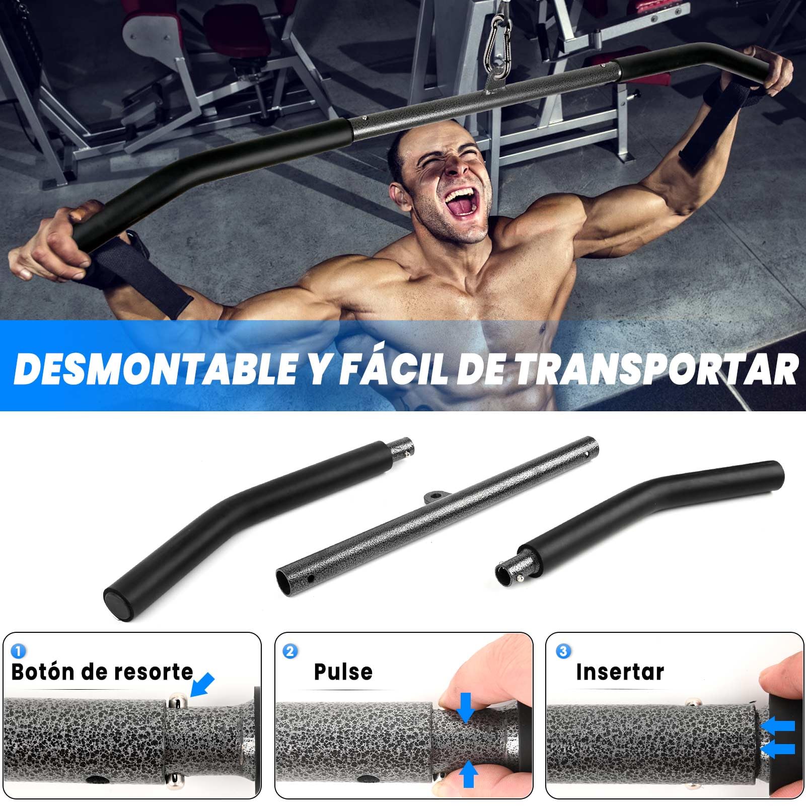 Barra Polea, Barra Gimnasio per Polea Espalda Dorsal Triceps Bíceps Musculacion con Mosquetón, Agarres Poleas Gym Barra Jalon al Pecho de Acero Negro Lat Pull Down Bar Desmontable