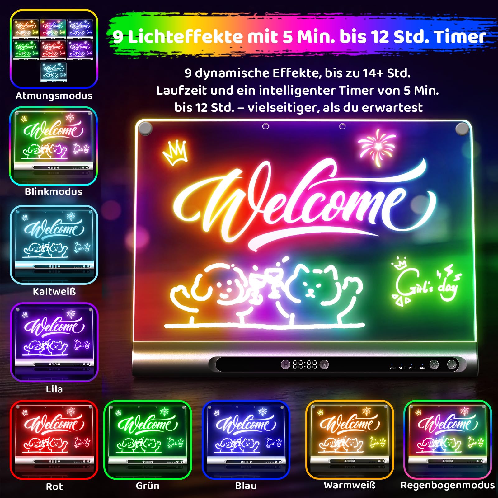 Geokay LED Zeichenbrett für Kinder, Wiederaufladbare LED Maltafel 41 cm, 9 Lichtmodi mit Timer & Ständer, LED Zeichentafel für Mädchen & Jungen, 6 Stifte & Vorlagenbuch, Schwarz