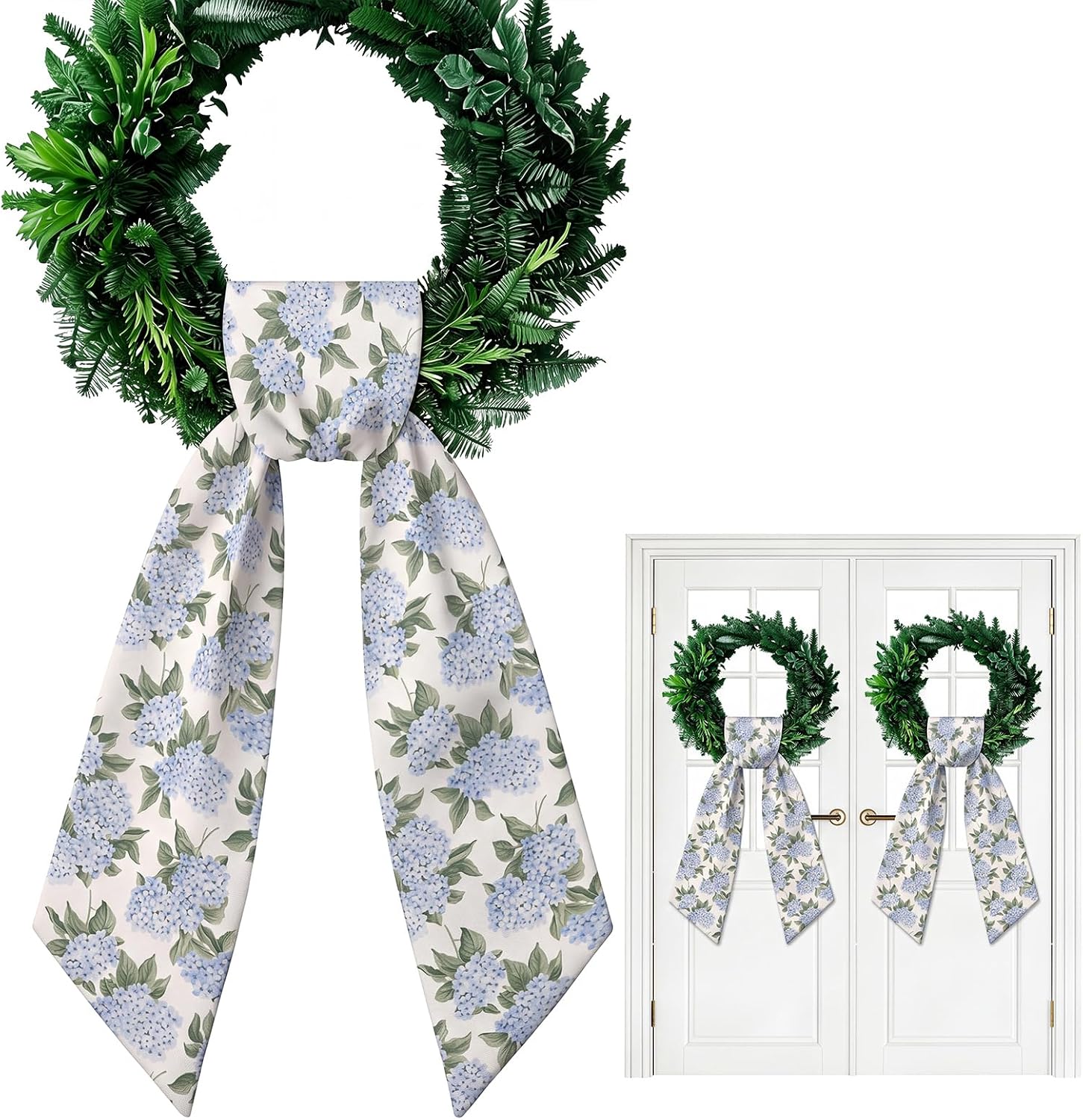 Thiccywoov 2 Pack Hydrangea Wreath Bows for Front Door Blue and White Wreath Sash 28 x 4 Inch Floral Garland Ribbon for DIY Garland Display Porch Home Decor Indoor Outdoor