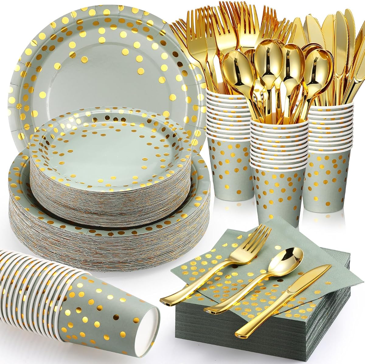 Sieral 560 piezas de platos y servilletas de color verde salvia, suministros para fiestas para 80 invitados | Vajilla desechable de papel con puntos dorados, con tenedores, cuchillos, cucharas, para cumpleaños, bodas, Baby Shower, juego completo de postres para cena