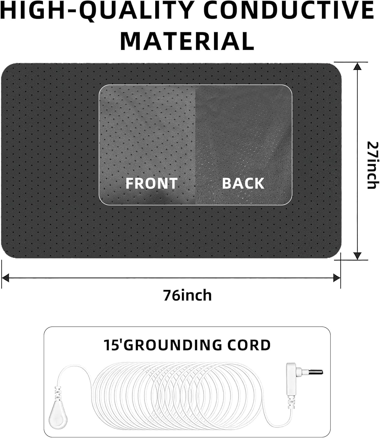 Grounding Mat for Bed, Conductive Earthing Mat for Improve Sleep, Relieve Stress, Premium PU Leather Anti-Slip Grounding Pad with Grounding Cord, 27" * 76", Black