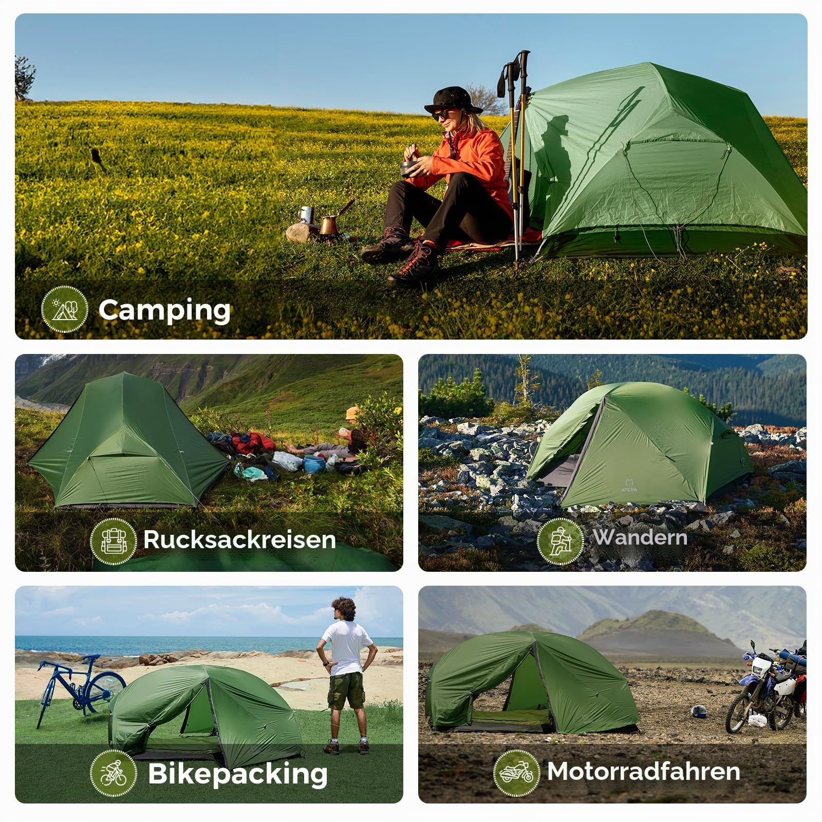 ATEPA 1 Person Ultraleicht Rucksackzelt Wasserdicht Einzelperson Camping Zelt Doppelschicht Solo Zelt für Camping Wandern Rucksackreisen