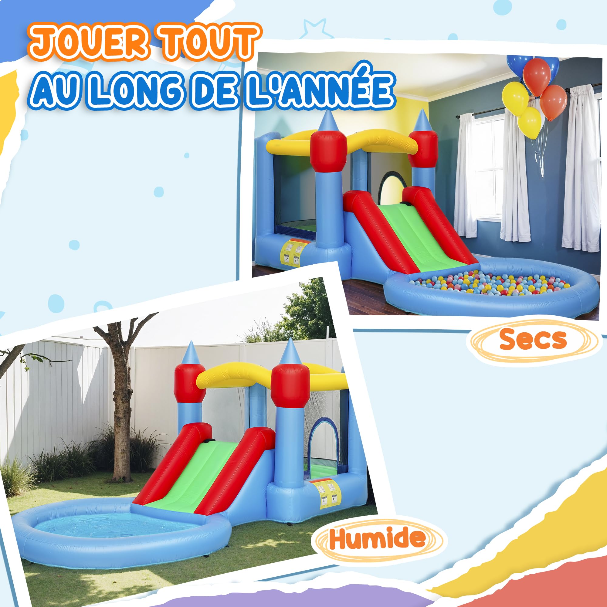 AIYAPLAY Hüpfburg mit Gebläse 4 in 1 Hüpfburg, Rutschen, Trampolin, Basketballkorb, Ballpool, für drinnen und draußen, bis zu 3 Kinder 3-8 Jahre alt