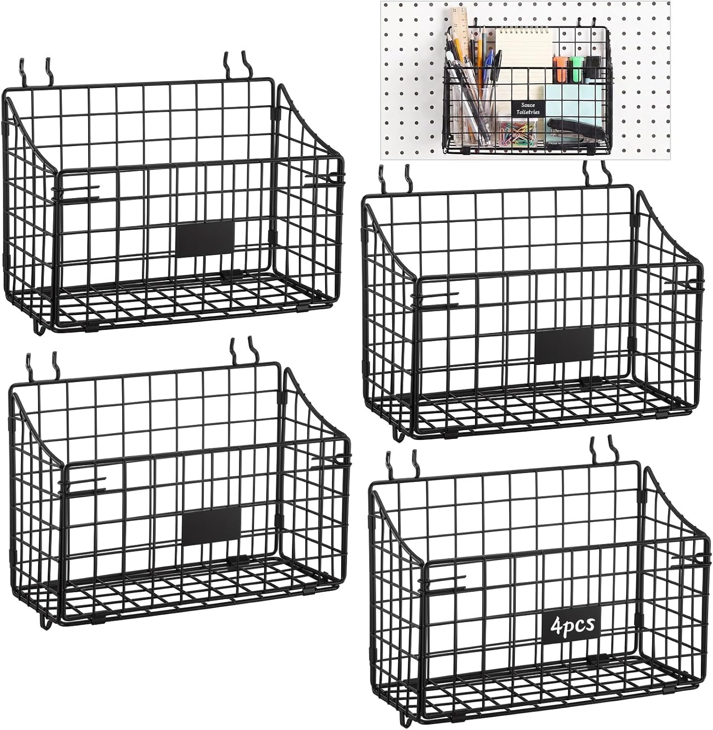 4 Pcs Peg Board Bins and Baskets Peg Board Organizer Pegboard Accessories Pegboard Baskets for Workshop Organization Craft Room Laundry Garage Metal Wire Organizer for Various Tools (Large)