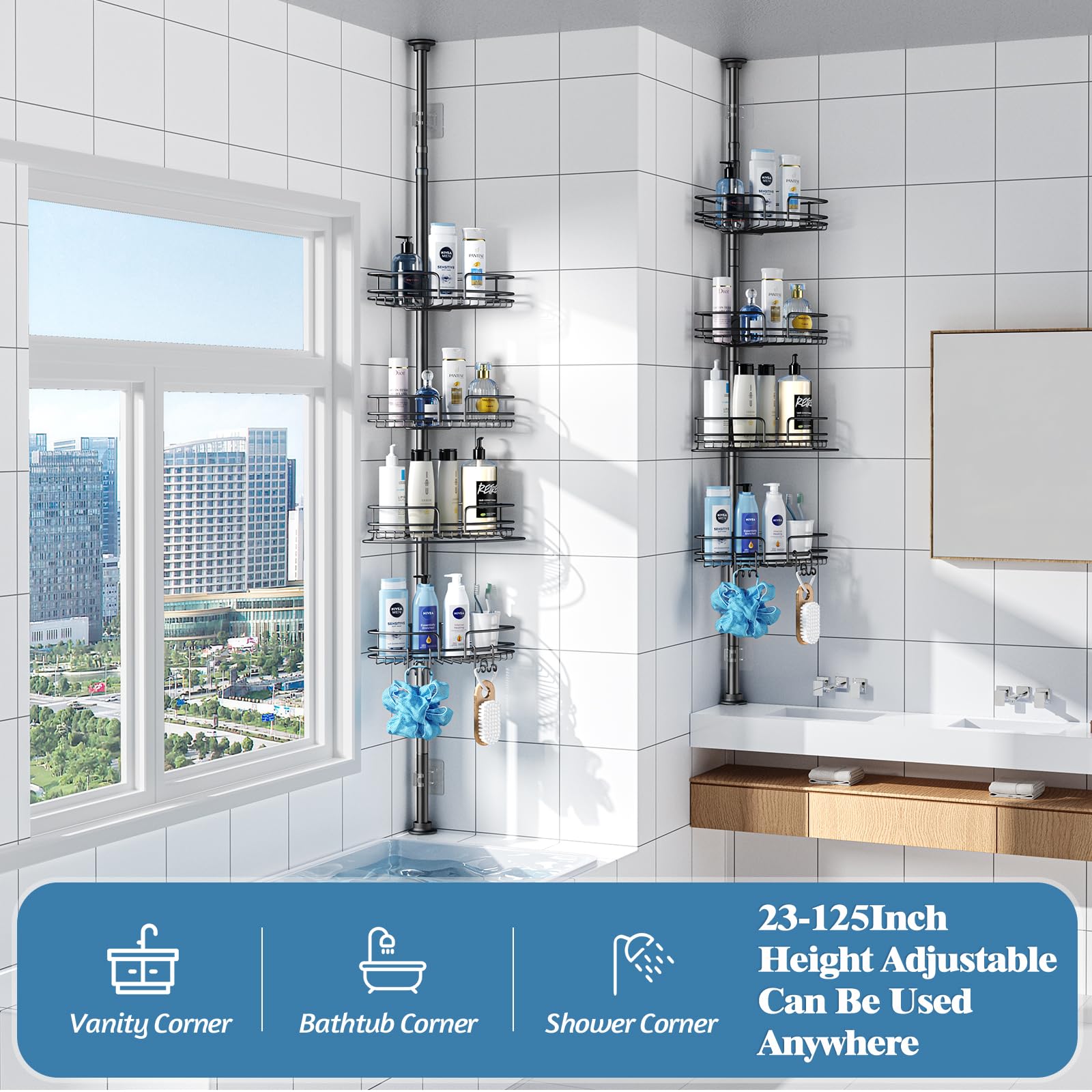 PKBD Etagere Douche Telescopique Sans Percage, Hauteur Réglable de 58,5 à 317,5 cm, Étagère d'angle Douche Avec 4 Paniers, Noir