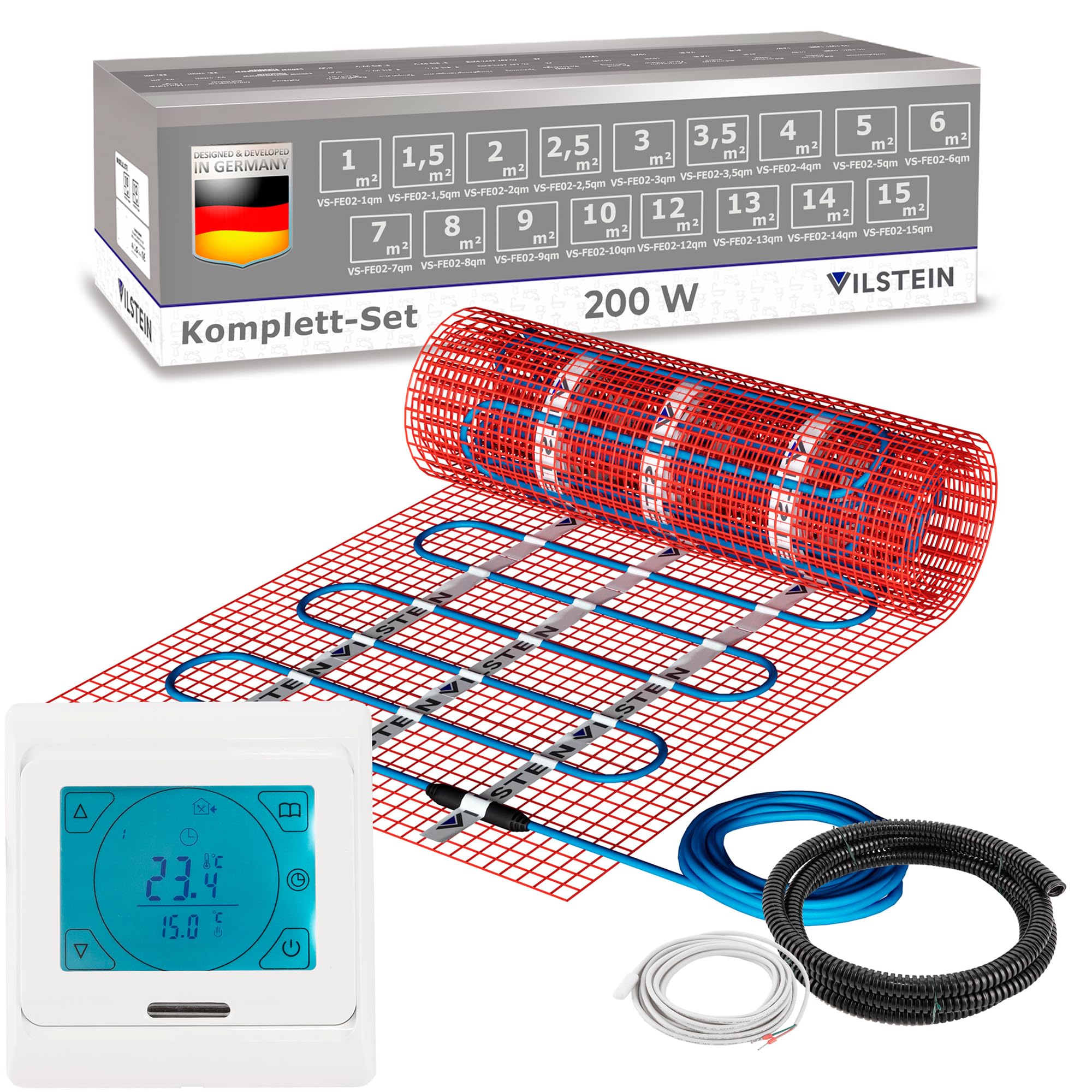 VILSTEIN Elektrische Fußbodenheizung 200W/m² – IP67 Turbo-Heizmatte | geeignet für Fliesenboden, Laminat & mehr, Twin Technologie, 4mm dünn, Touchscreen-Thermostat 16A, Komplettset 3m²