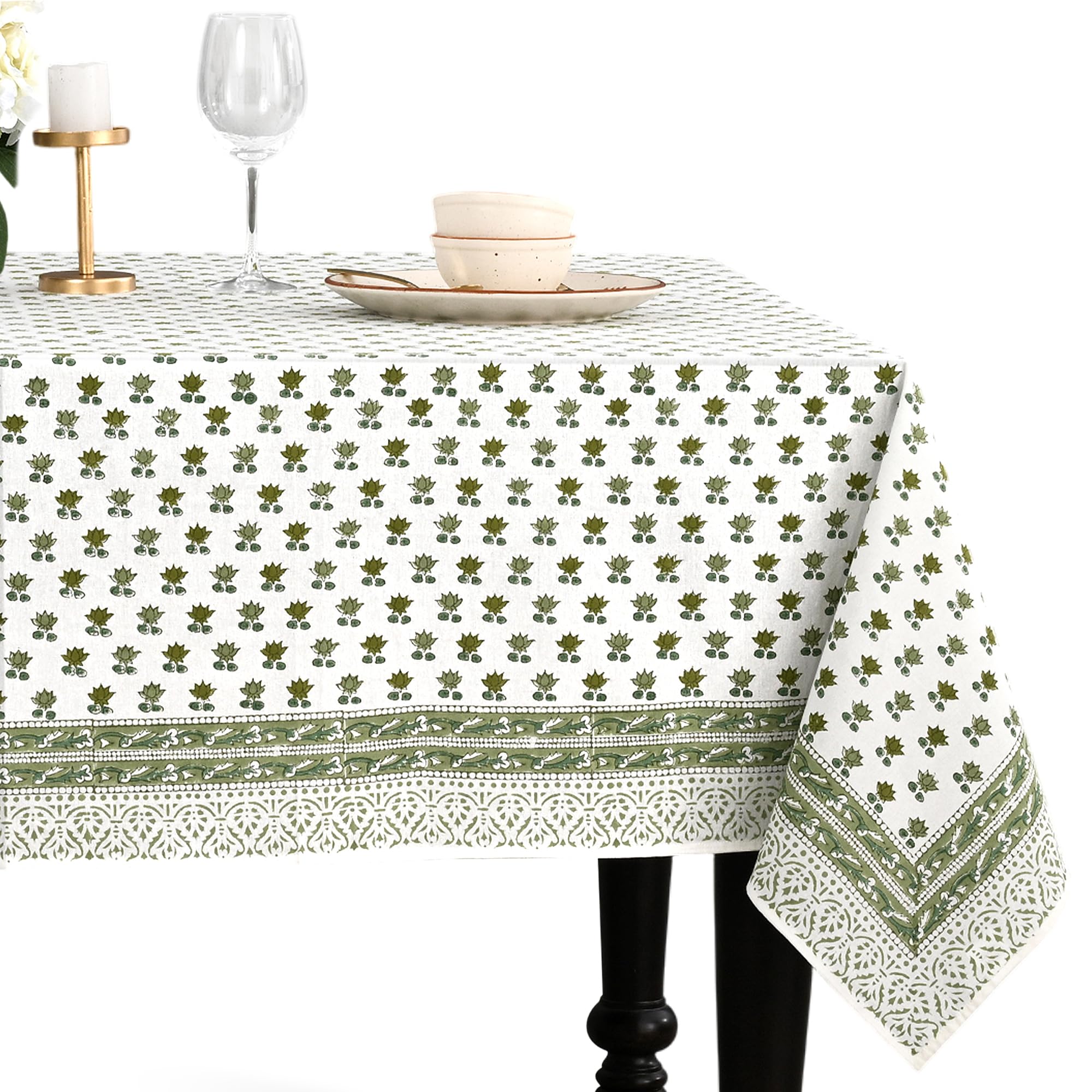 CPC Lotus Meadow Block Print 100% Cotton Rectangle Tablecloth 60x120 Inch