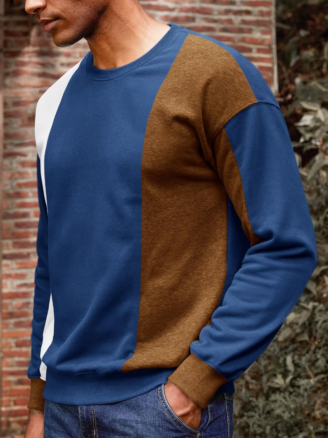 Runcati Mens Color Block Sweatshirt Pullover Crewneck Long Sleeve Fleece Casual Ribbed Patchwork Fall Tops - Image 3