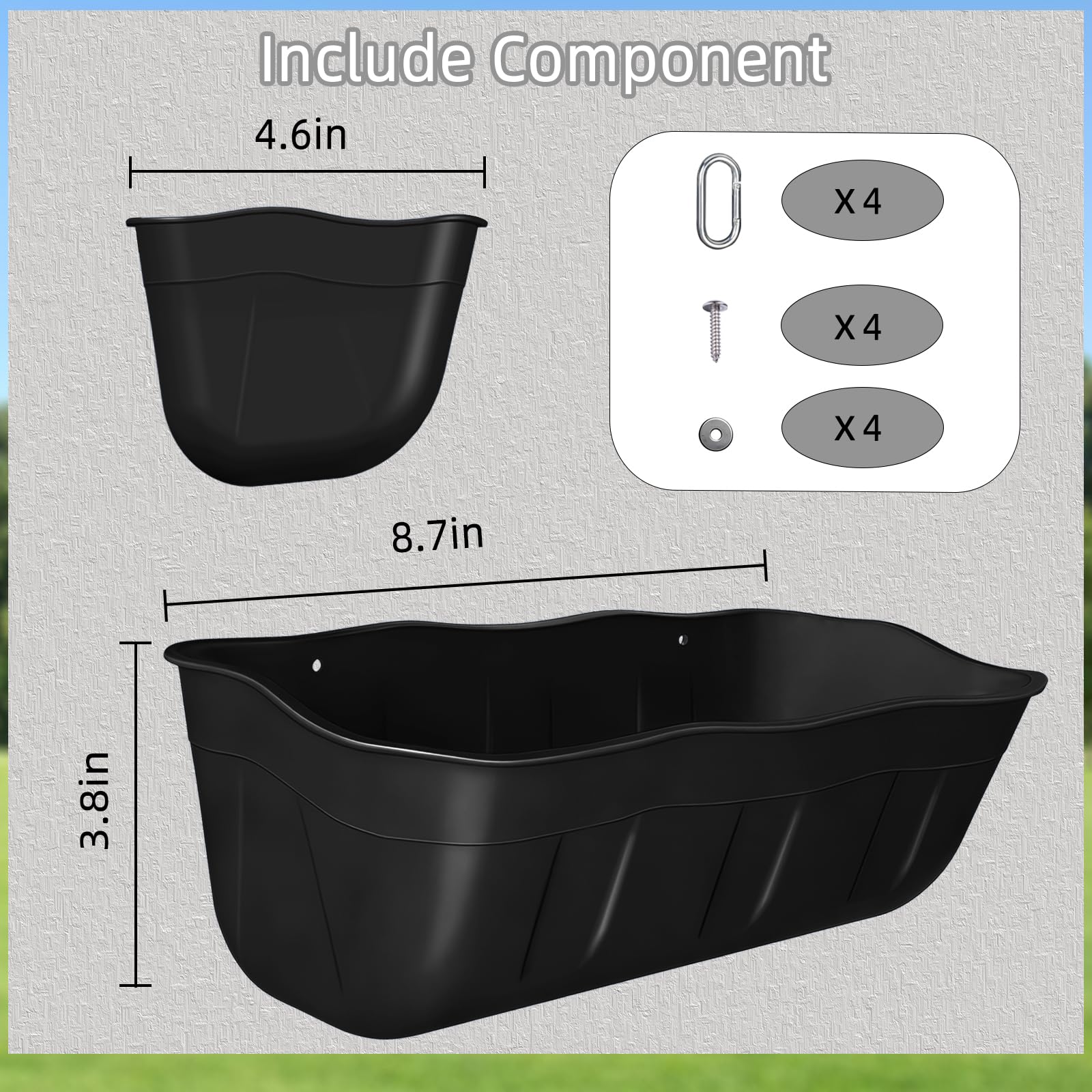 Comederos colgantes para cabras, comedero de pollo, comedero pequeño de 1.3 cuartos de galón, paquete de 2, comedero de valla colgante para aves de corral, ganado, color negro
