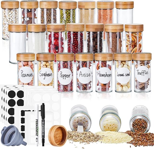 Miorkly 24 Spice Jars with Labels, 100ml Round Glass Spice Jars with Airtight Bamboo Lids and Shaker Lids, Cooking Spice Containers, Seasoning Jars Bottles Set for Spice Rack Cabinet Drawer