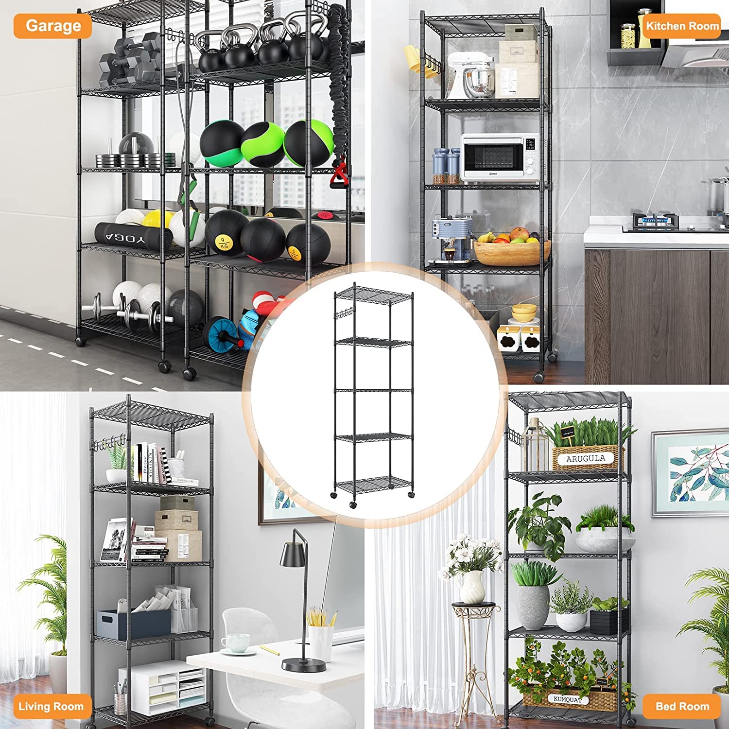 Devo Estantería de 5 Pisos con Ruedas, Altura Ajustable, con Ruedas, con Ganchos para baño, Cocina, Color Negro, 36 cm x 61 cm x 180 cm