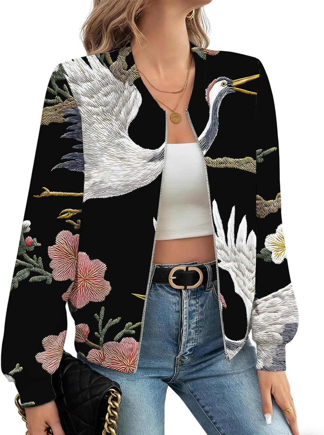 LIZALIG Women's Floral Print Bomber Jacket Casual Vintage Zip Coat Lightweight Long Sleeve Outwear Tops Windbreaker - Image 2