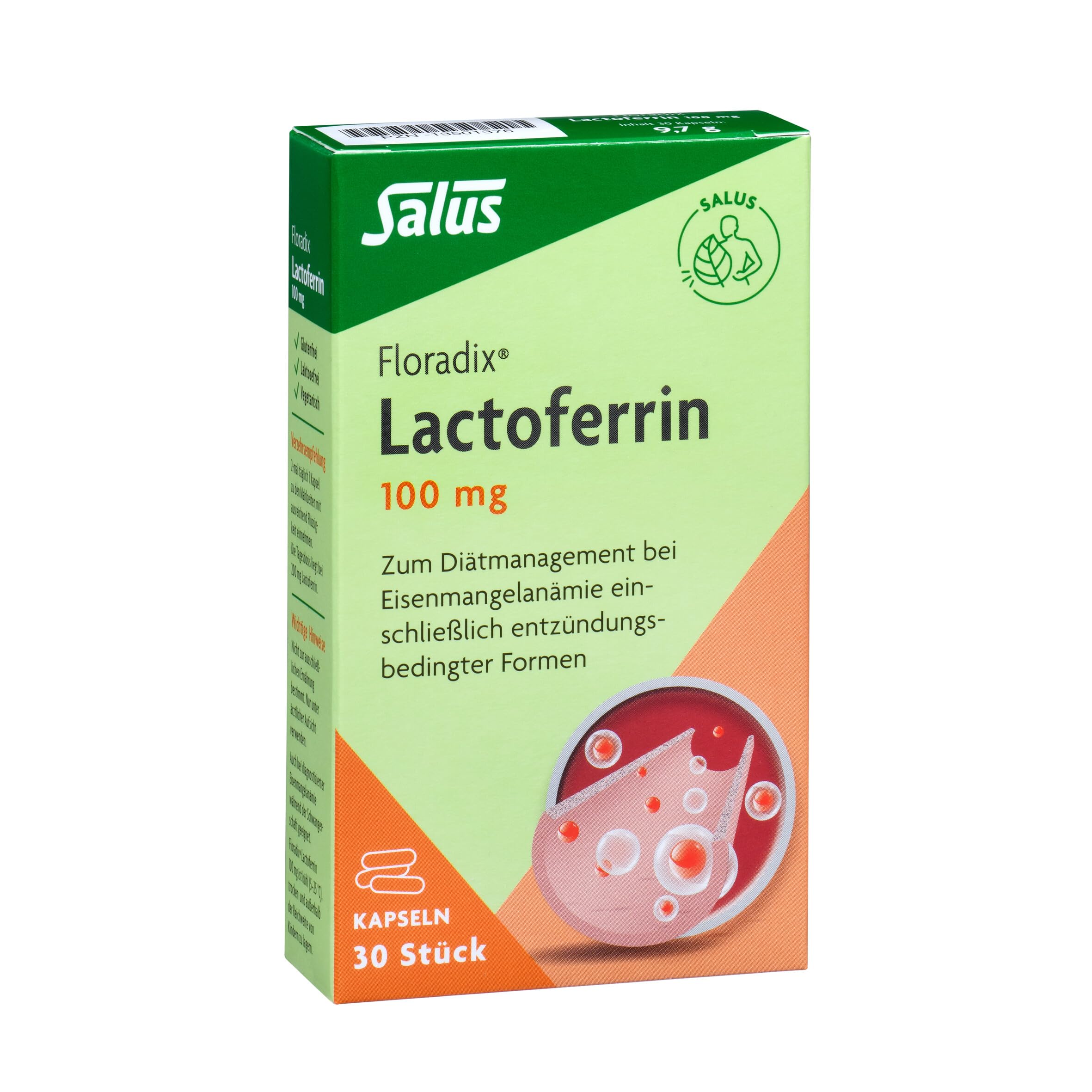 Salus Floradix Lactoferrin 100 mg - 1x 30 Kapseln (9,7 g) - zum Diätmanagement bei diagnostizierter Eisenmangelanämie einschließlich entzündungsbedingter Formen - vegetarisch
