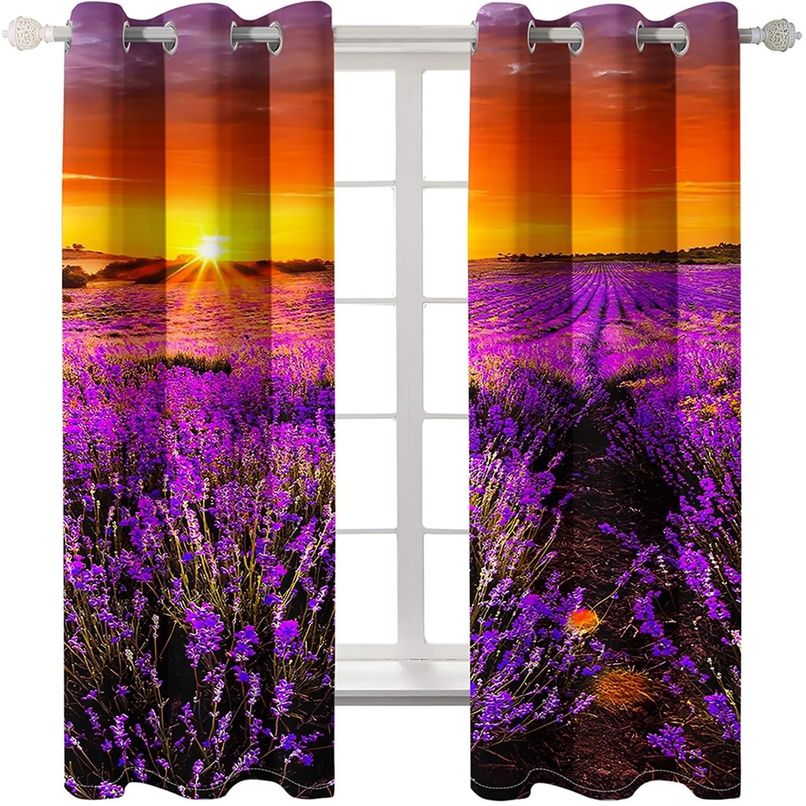 Rideau Occultant Chambre, Rideau Salon Automne Orange Violet Paysage de Coucher de Soleil dans Un Champ de Lavande Polyester Lot de 2 192x229cm