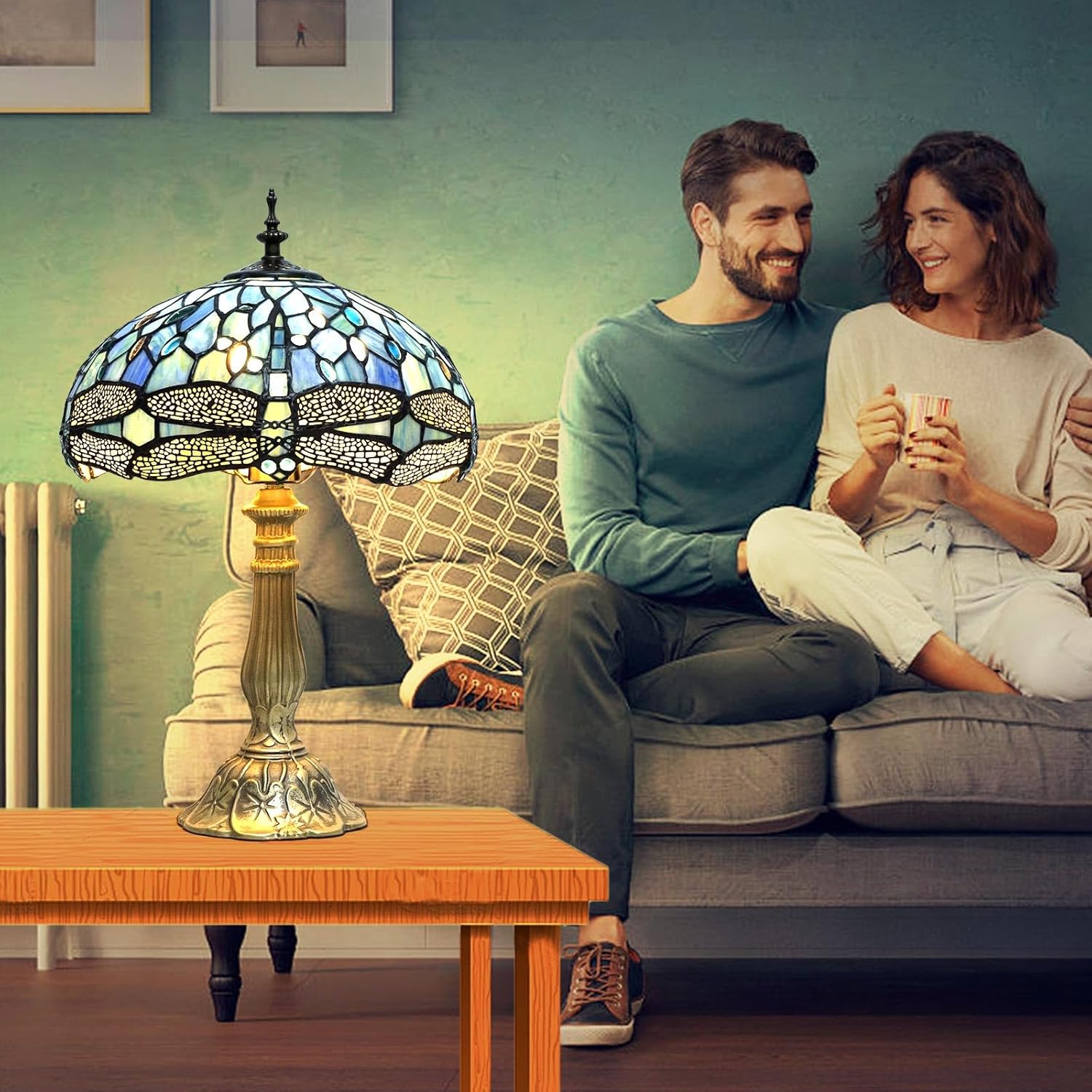 YingJu Tiffany Lamp,Blue Stained Glass Table Lamp,12X12X18 Inches Dragonfly Style Vintage Decorative Lamp for Bedroom,Living Room,Home Office (Including LED Bulbs)