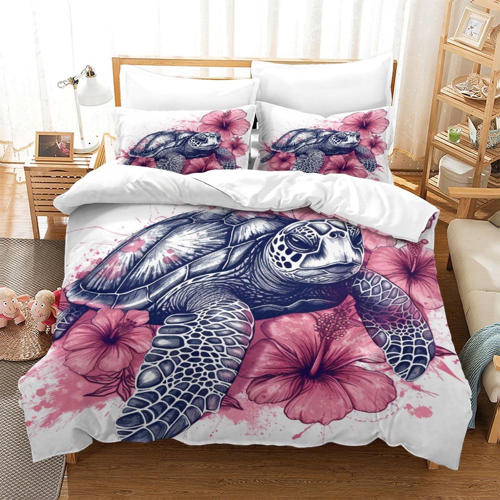 P1s9u7w5y Sea Turtle 3D Printed Floral Duvet Cover Set 3Pcs Microfiber Ocean Theme Bedding Set Double（200X200cm）