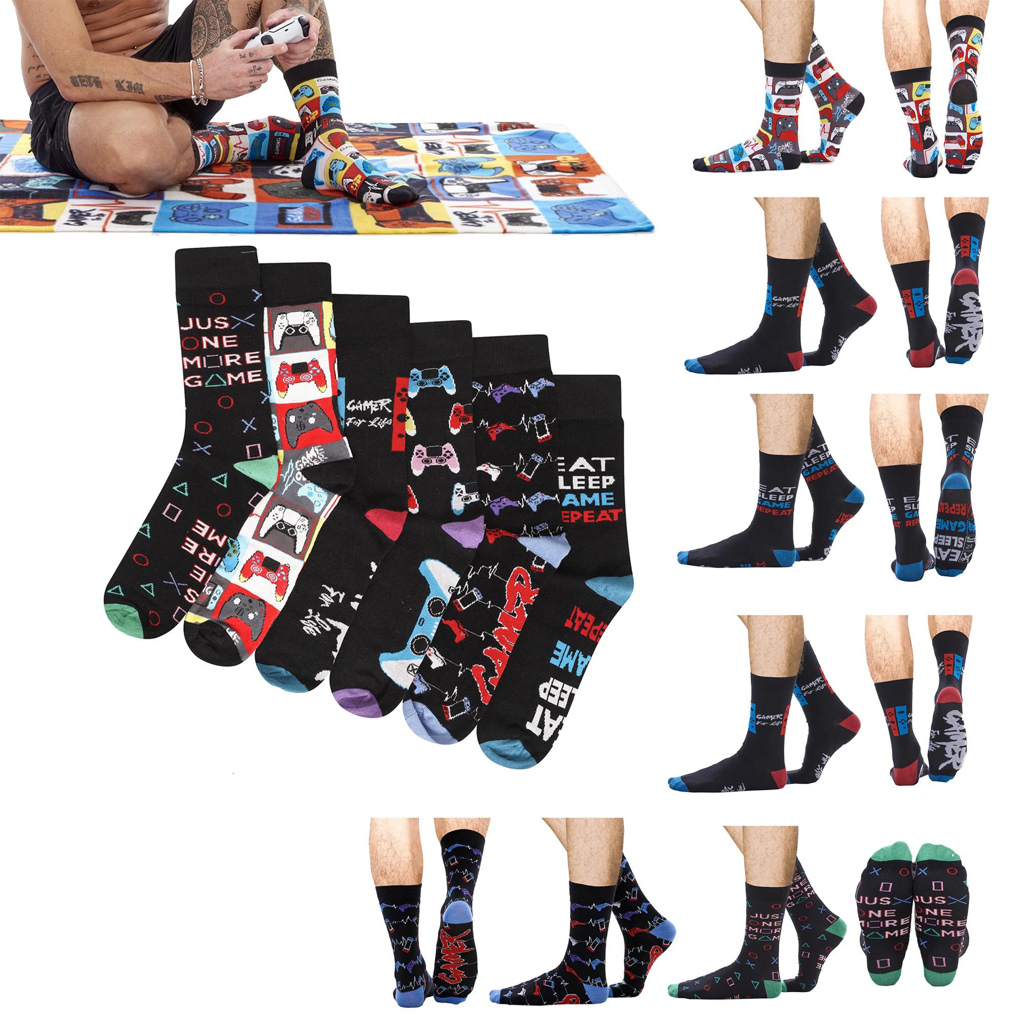Soxy Men's Gamer For Life Socks - 6 Pairs - Assorted Gaming Controller Designs - Black Socks With Colour Heel And Toe - Uk Size 6-11