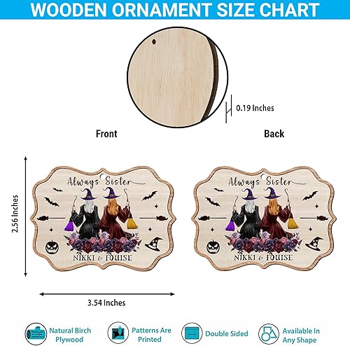 Miniatura 2 de V Vibepy Adornos de Halloween personalizados impresos para hermanas, adornos de bruja, 2 lados de 3.5 pulgadas, adorno de madera, regalo para hermana