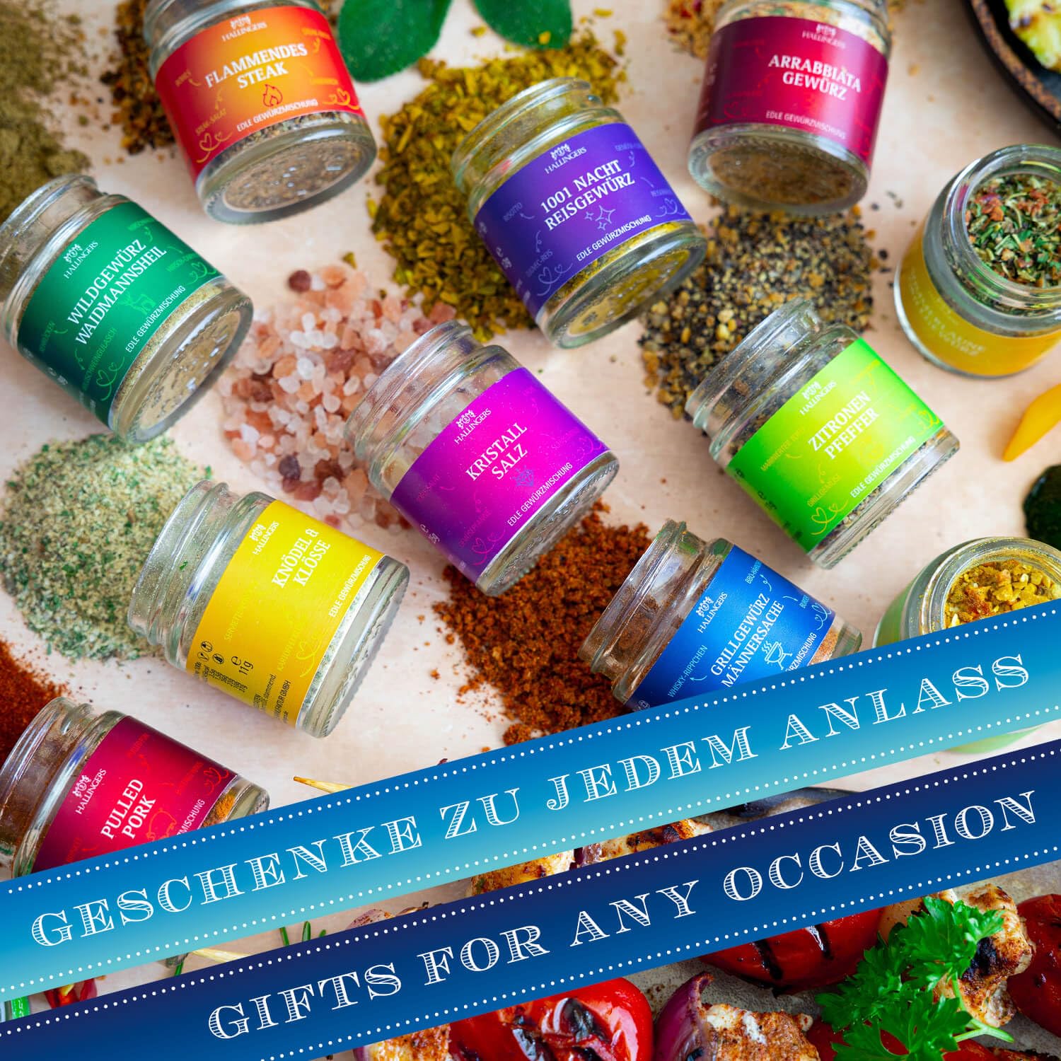 Hallingers Genuss Manufaktur Gewürz Geburtstagsgeschenk-Set - 24 Gewürze aus aller Welt in wertiger Geschenkbox mit Rezept-Booklet "Happy Birthday", Geschenke für Frauen Männer