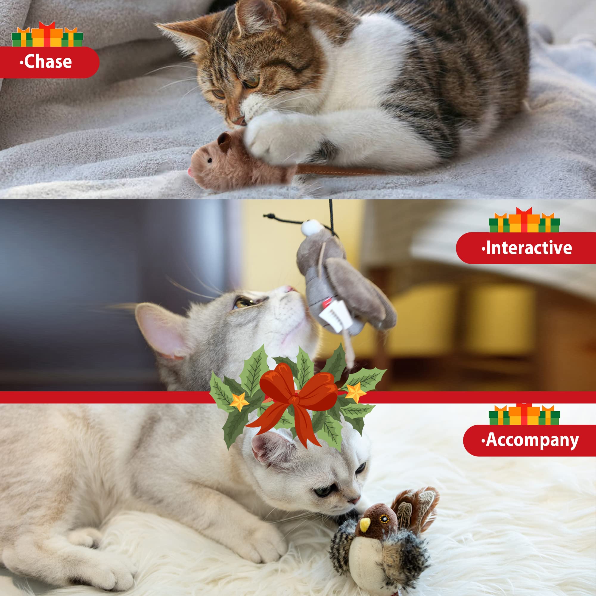 PETGEEK GiGwi Interaktives Katzenfederspielzeug, Melodie Chaser Chirpy Vogel & Maus Katzenspielzeug Plüschtiere für Katzen, Quietschen Katzenspielzeug für Indoor Katzen