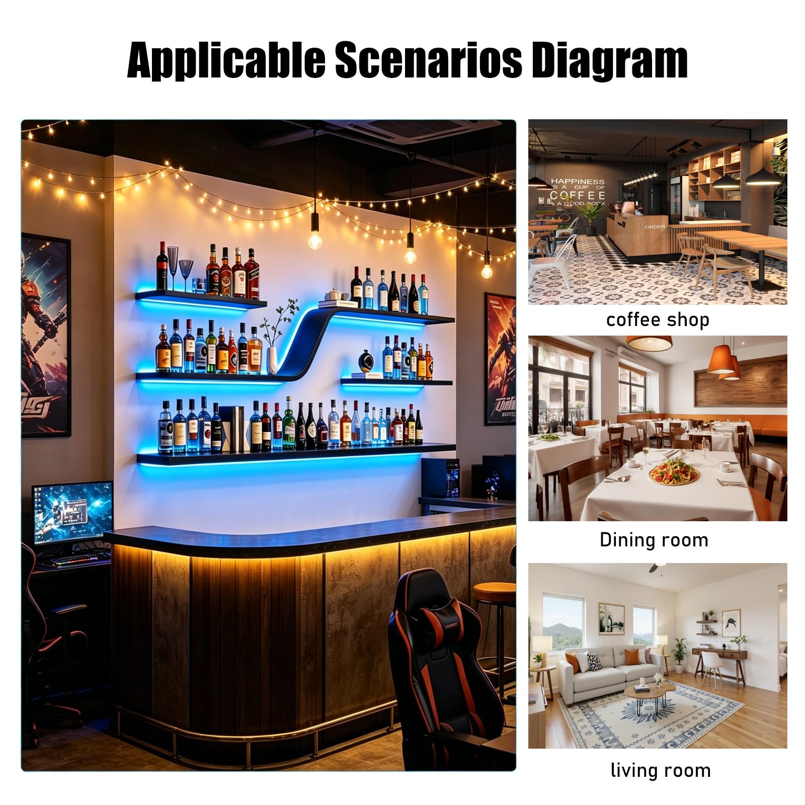 120cm Portabottiglie da parete con luci LED, espositore per bottiglie di liquori, mensole da bar in metallo a 3 ripiani, ideale per bar, caffetterie e ristoranti