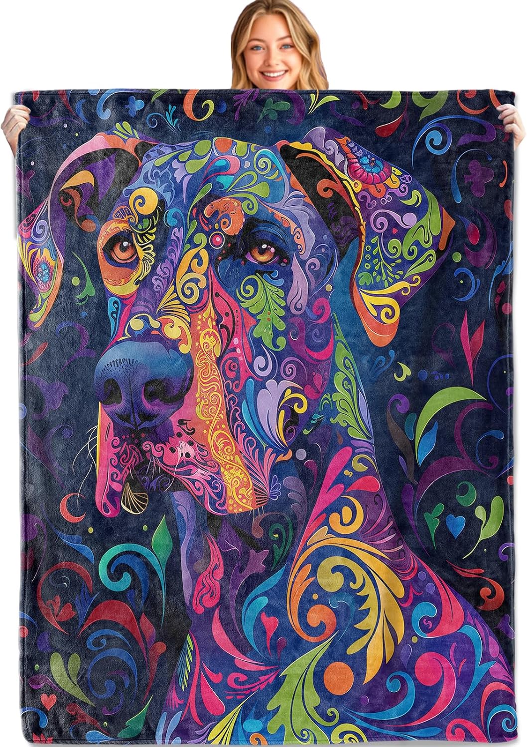 Colorful Dog Art Throw Blanket, 50x60in, Soft, Lightweight Flannel,Vibrant Swirly Great Dane Blankets, Gifts for Pet Owners, for Farmhouse Country Home Living Room Decor