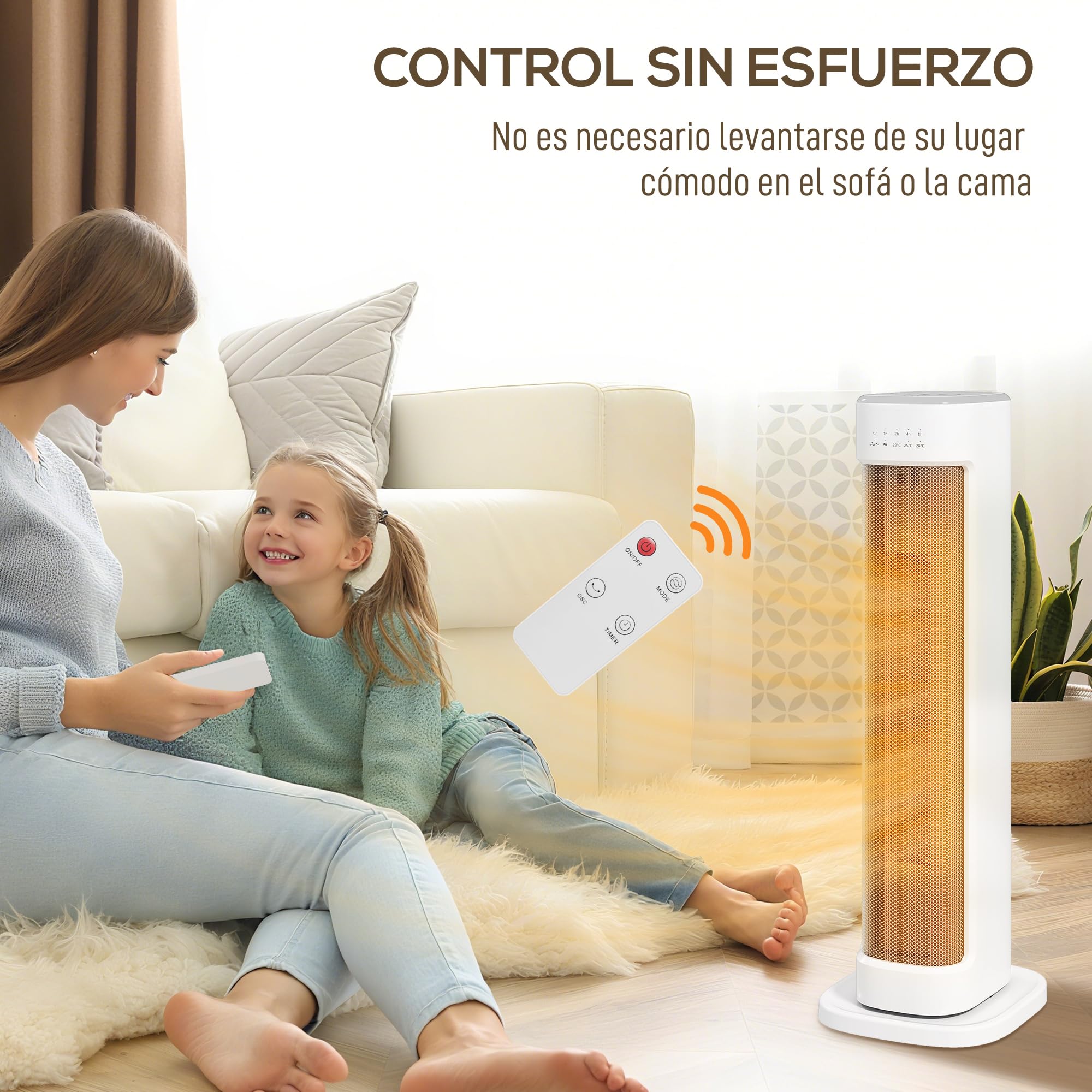 HOMCOM Calefactor Eléctrico Bajo Consumo 2000W PTC Termoventilador Blanco | 3 Modos, Termostato Regulable, Temporizador, Protección contra Vuelcos y Sobrecalentamiento, Control Remoto para 15-20㎡