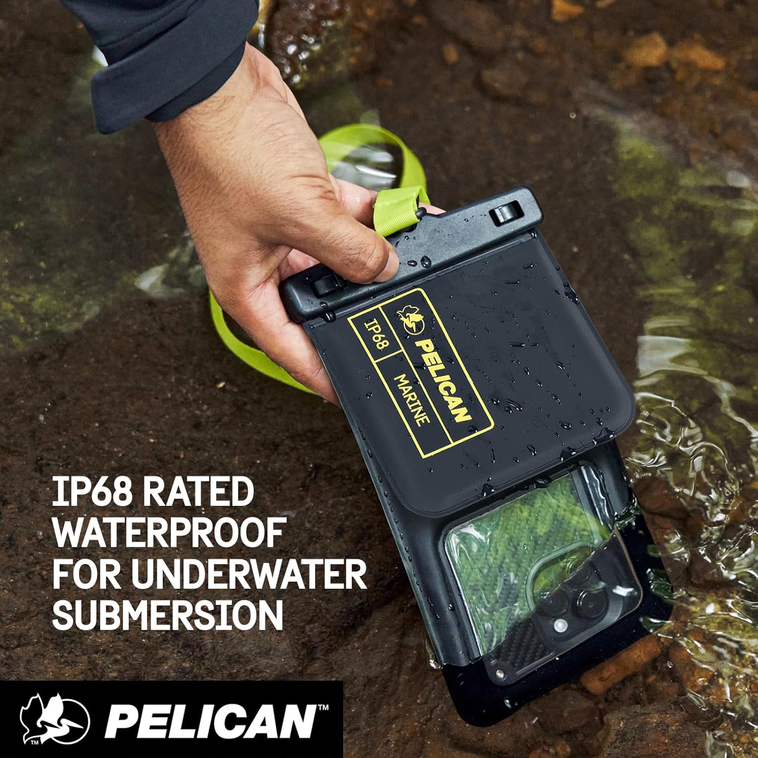 Pelican Marine - IP68 Waterproof Phone Pouch w/Storage Pocket (Large) - Floating Waterproof Phone Case - Beach Cruise Travel Essentials - Fits All Phones - Detachable Lanyard - Black/Hi-Vis Yellow