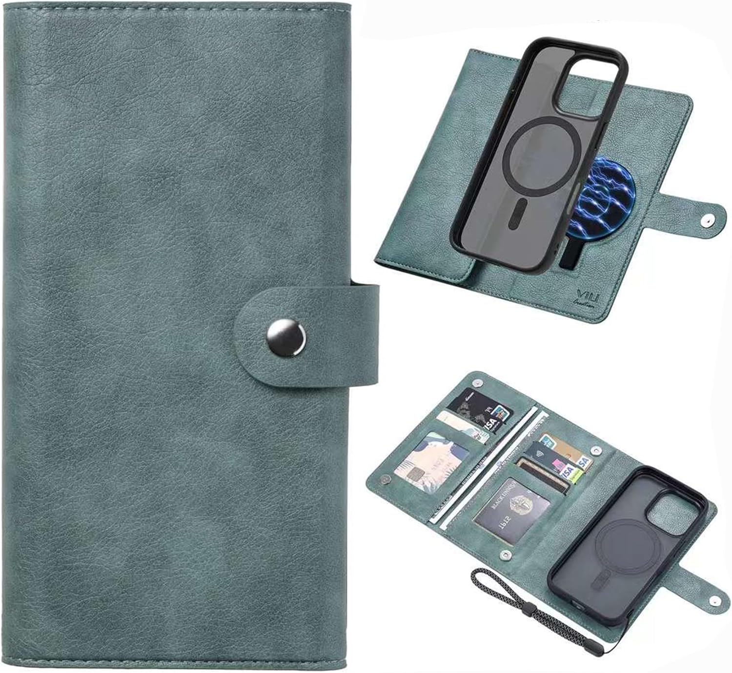 Smartist ViLi-GVA iPhone 16 ProMax Compatible 2-in-1 Multi-Card Storage Anti-Skimming Removable Magnet Detachable Detachable Detachable Strap 2-Way Folio Case Antique Gray CIH16PM-VL-GVA-GY