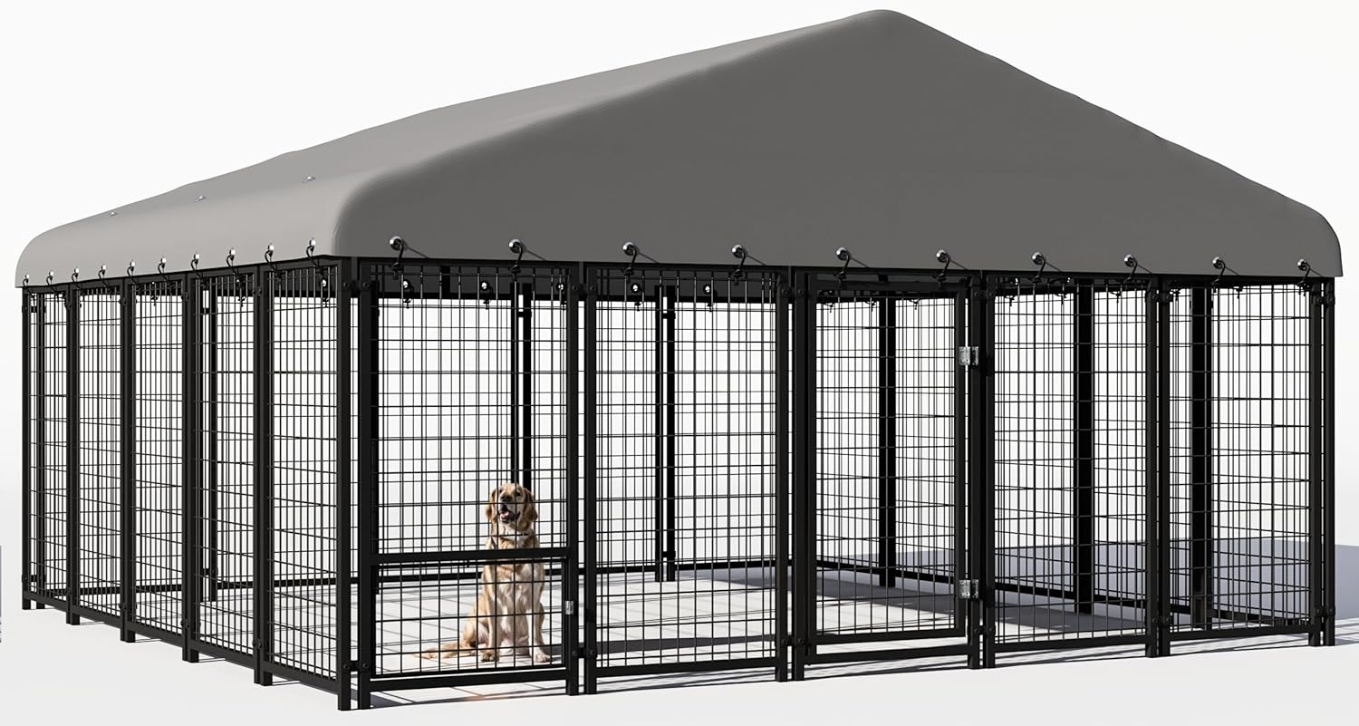 120"x118" Dog Kennel Outside, Large Outdoor Dog Kennel with Feeding Door and Double Lock, Heavy-Duty Weatherproof Dog Cage and Dog Fence with Roof, House Outdoor for Large Dogs, Easy Assembly