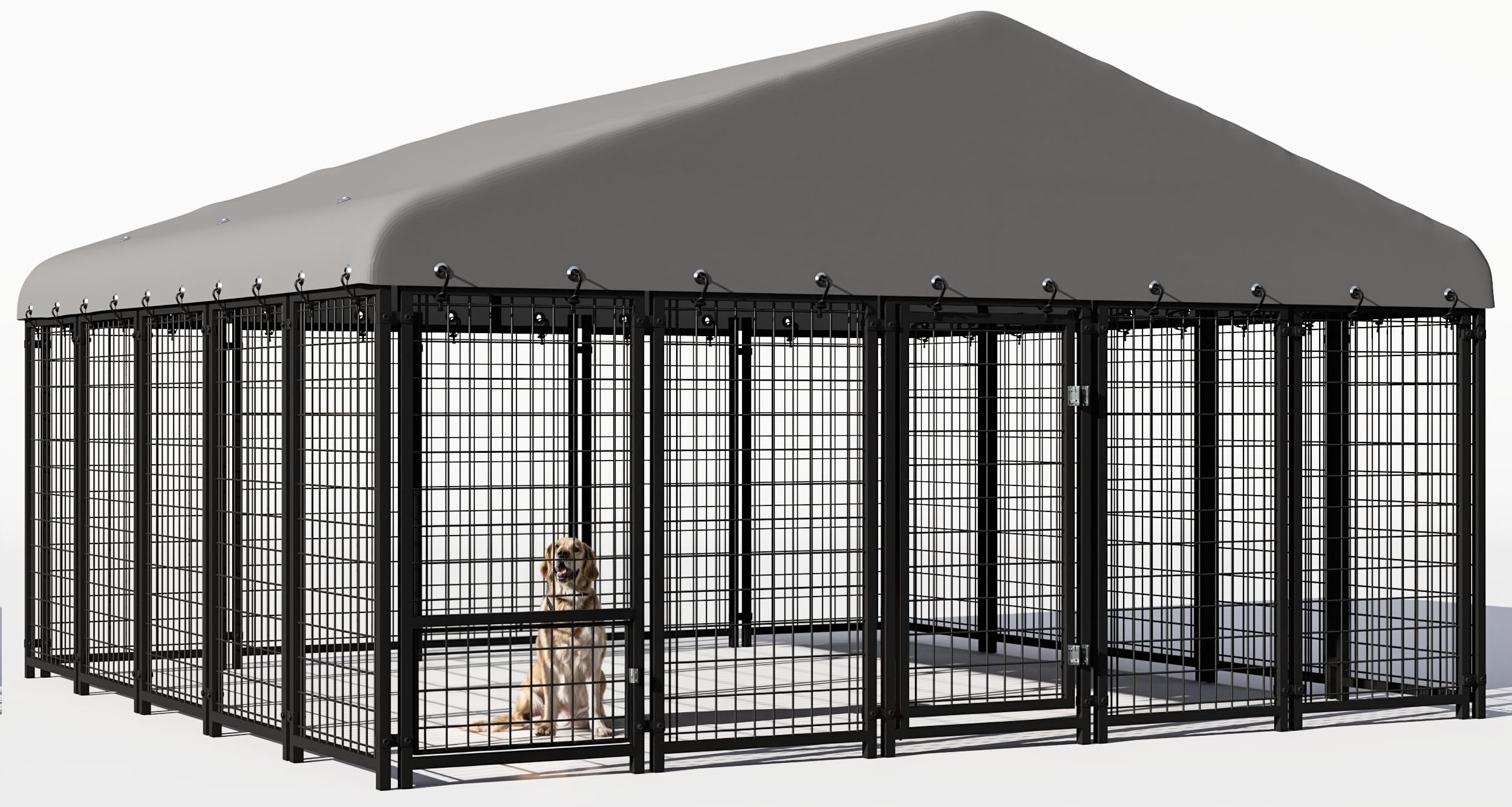 120"x118" Dog Kennel Outside, Large Outdoor Dog Kennel with Feeding Door and Double Lock, Heavy-Duty Weatherproof Dog Cage and Dog Fence with Roof,