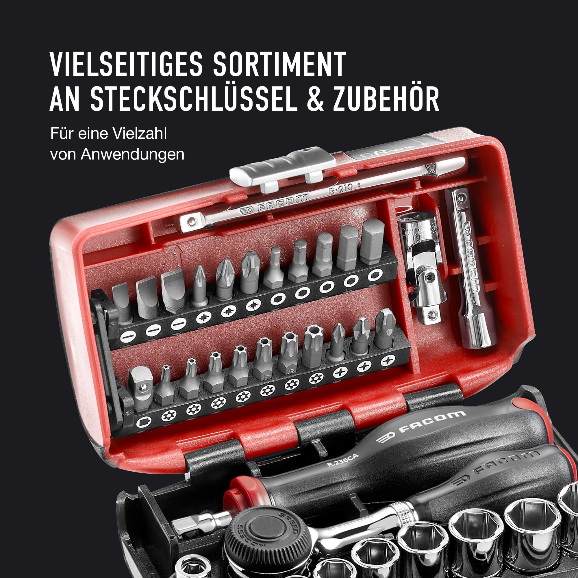 FACOM NANO Compact 38-tlg Stecknuss- und Bitsatz R.360NANOPB (metrischer, 6-Kant, 1/4-Zoll-Sechskant mit Schnellratsche, 360-Grad-Griff)