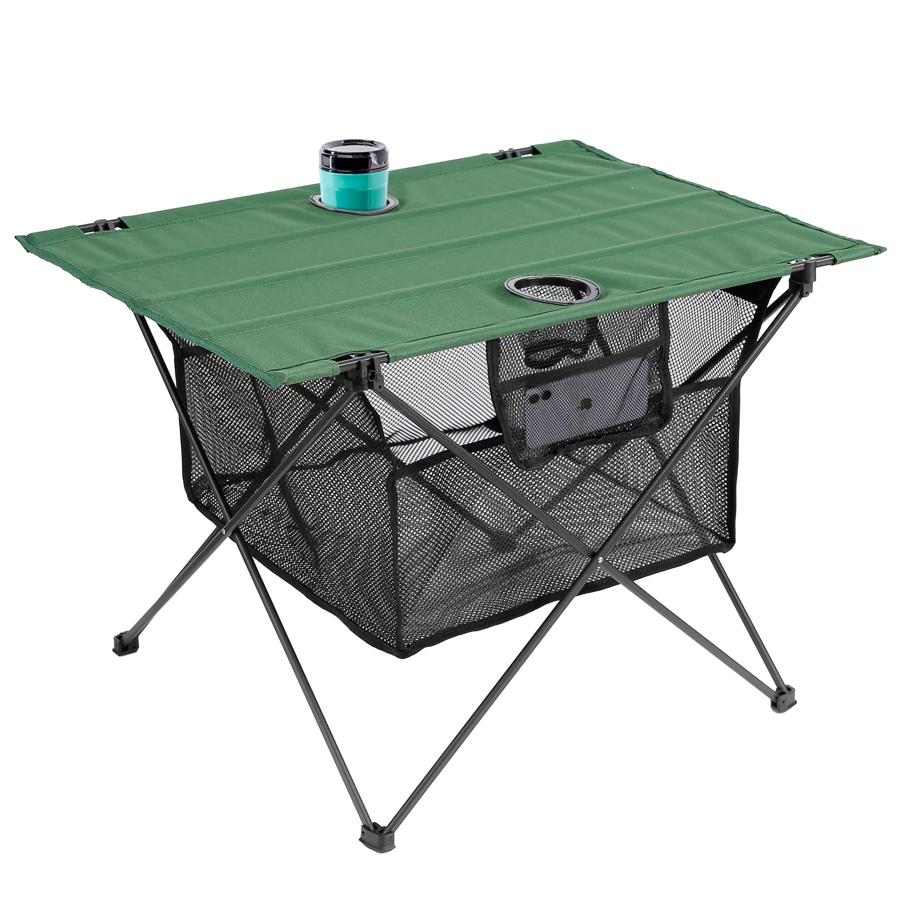 SKIKEN Portable Camping Table with 2 Cup Holders & Storage Basket - Large Beach Table with Carry Bag | Folding Lightweight for Outside/Fishing/Picnic