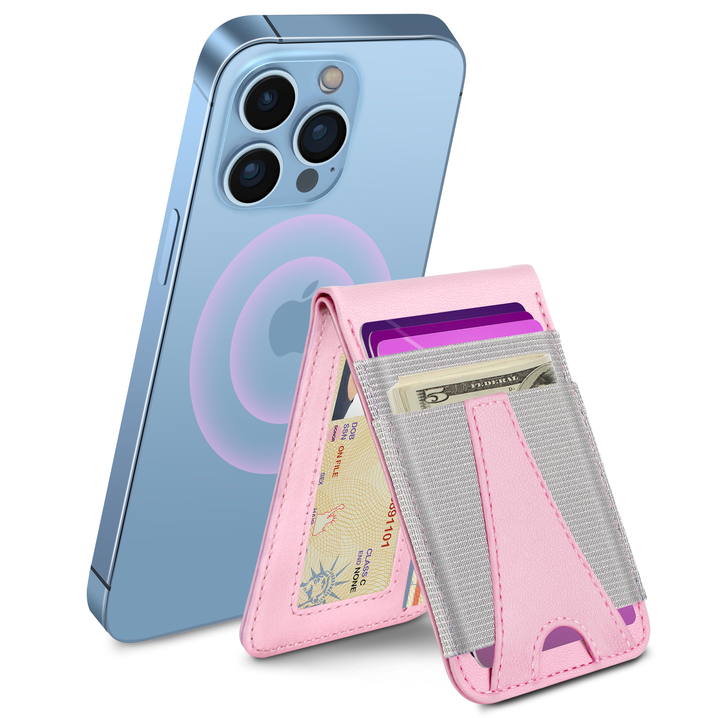 Miroddi for Magsafe Wallet, Mi-Tower Series Magnetic Wallet Adjustable Stand, Open ID Window, Leather Magnetic Card Holder for iPhone 14 Pro Max/14 Pro/14/14 Plus/13/12 Series, Fit 10 Cards, Pink