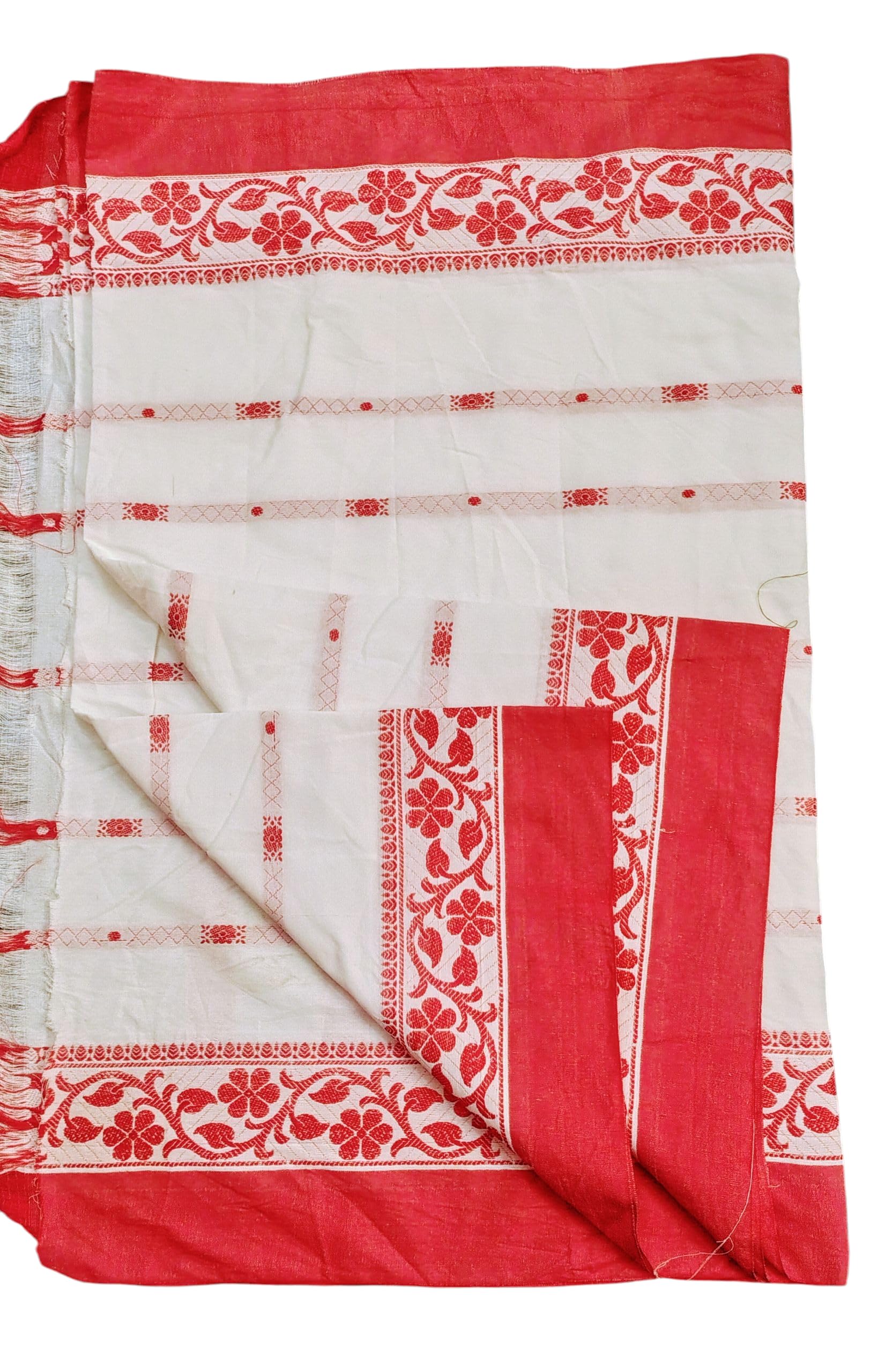Adivasi santali Panchi Cotton Saree, Traditional Red and White, Floral Border Pattern by SN handloom-image-18