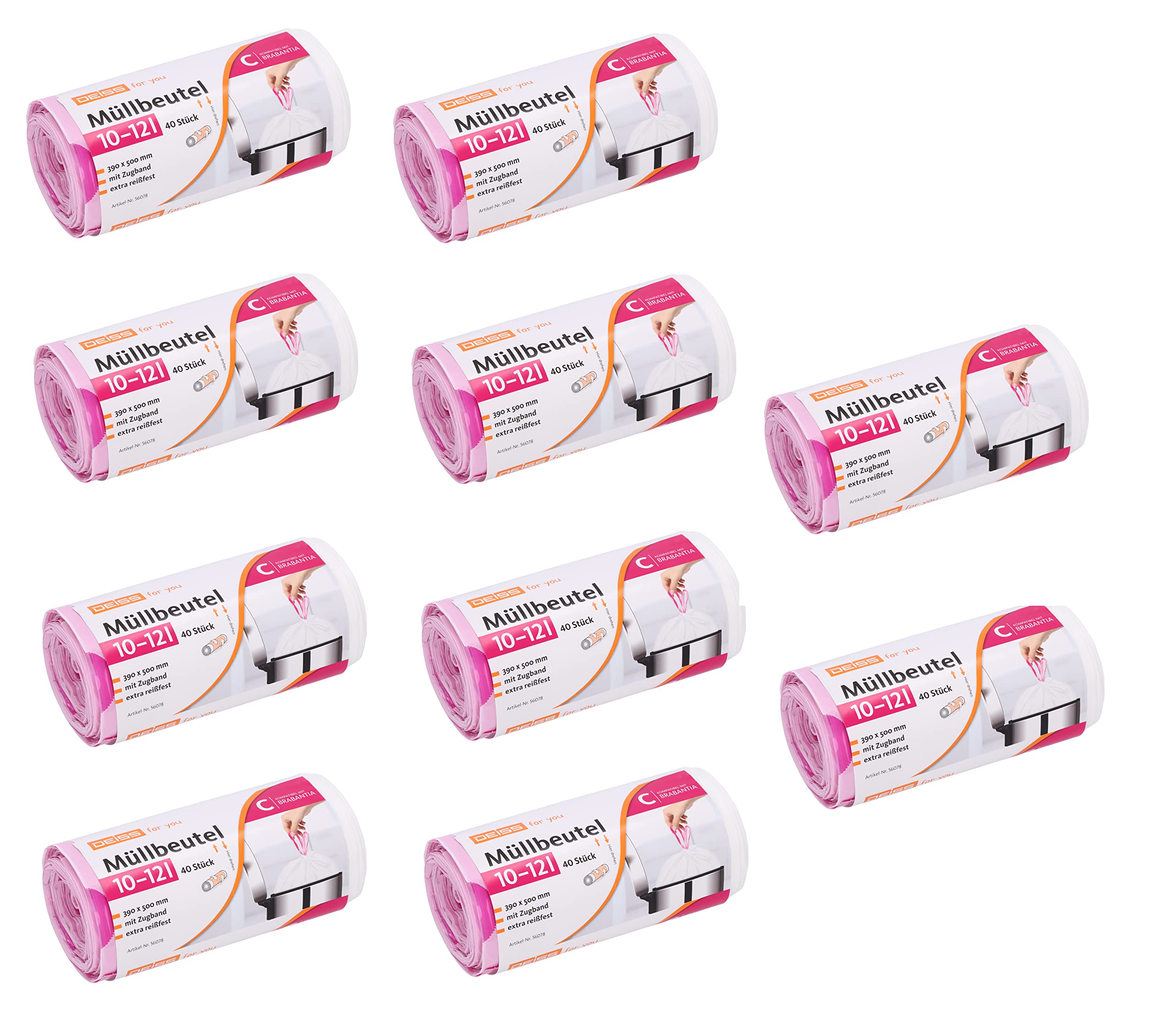 DEISS - Bolsas de basura de 10-12 L para cubo de apertura táctil Brabantia Touch Bin (tamaño C), 400 unidades