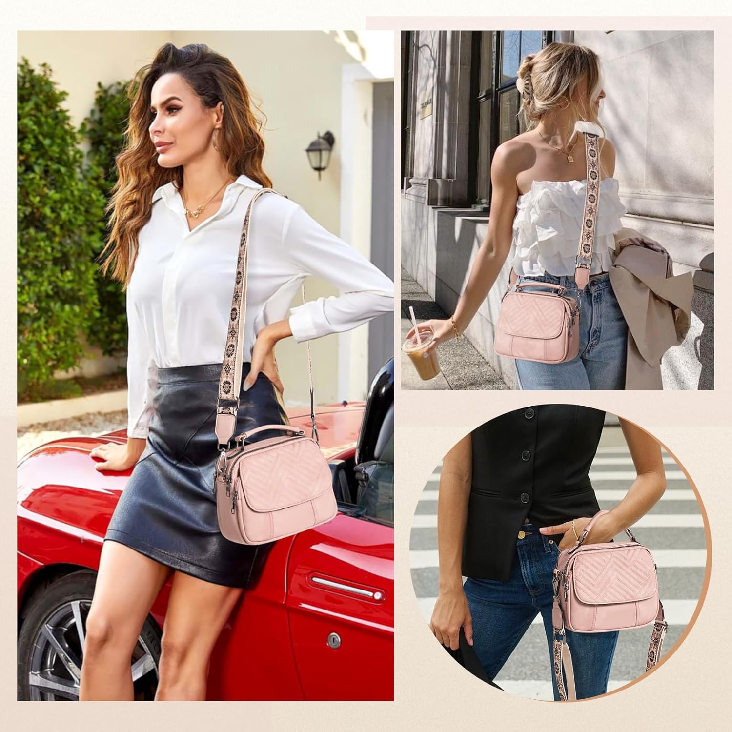 OPAGE Crossbody Bags for Women, Quilted Vegan Leather Women Crossbody Purses Shoulder Handbag with Wide Strap & Top Handle - Image 2