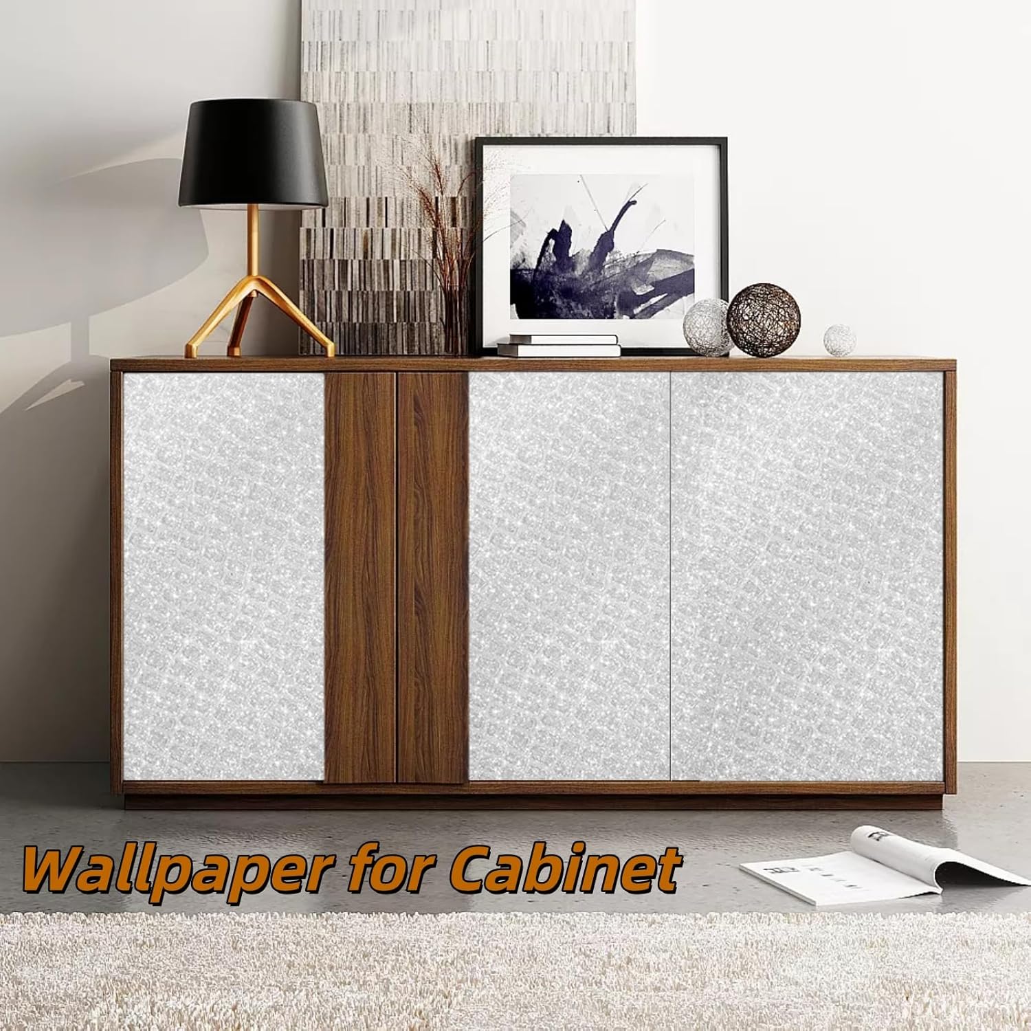 Peel and Stick Glitter Wallpaper Crocodile Print Contact Paper, Sliver Texture Wallpaper for Cabinet Bedroom (17.3" x 78")