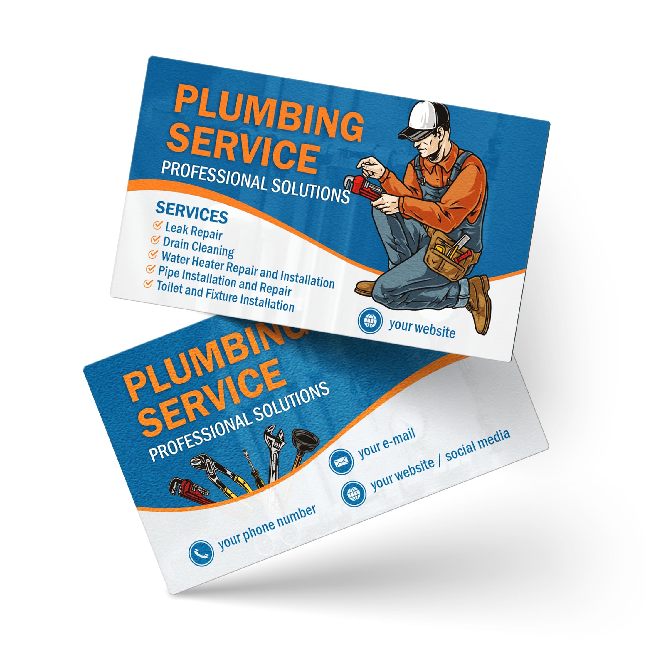 lepni.me Custom Plumber Business Cards with Your Name, Phone, Email Personalized Business Cards with Plumber Illustration for Plumbers and Plumbing Service Gloss Mat, Simple or Laminated, All PCS
