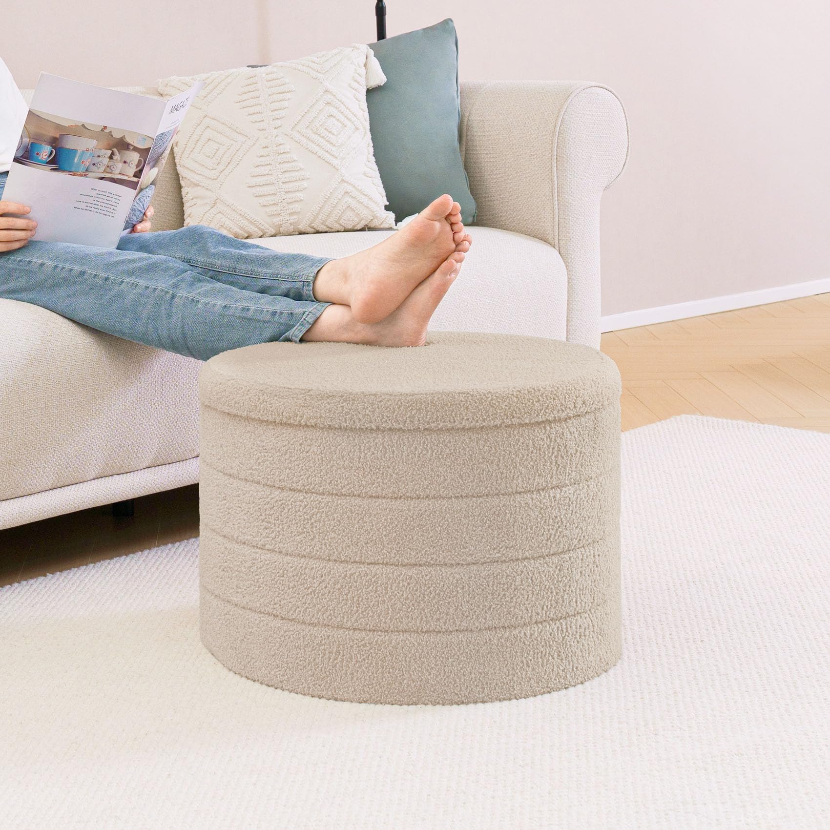 Bonlife Banco con Espacio de Almacenamiento, baúl Plegable, Caja de Almacenamiento, reposapiés, Flores, para Pasillo, Sala de Estar y Dormitorio (Beige, Gran círculo)